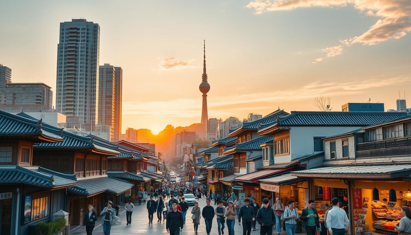 A bustling cityscape of Seoul's cultural district, with towering skyscrapers and historic architecture blending harmoniously. Pedestrians stroll along vibrant streets lined with traditional hanok homes, high-end boutiques, and lively street food stalls. Warm hues of sunset illuminate the scene, casting a golden glow over the urban landscape. In the distance, the iconic Namsan Tower stands tall, overlooking the city. The composition captures the dynamic energy and rich cultural heritage of this renowned Korean travel destination, showcasing the best of Seoul's diverse attractions without the distraction of commercial activities.
