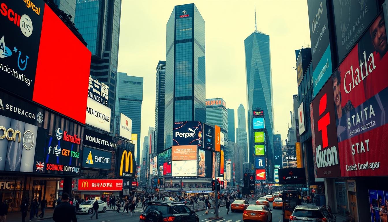 A bustling cityscape with towering skyscrapers and neon-lit billboards, showcasing the dynamic competition between global brands. In the foreground, a kaleidoscope of logos and product displays vie for consumer attention, casting vibrant reflections on the sleek, glass-paneled facades. The middle ground depicts bustling pedestrians and traffic, capturing the pulse of a thriving commercial district. In the distance, a panoramic view of the city skyline conveys a sense of the ever-evolving market trends and the relentless drive for brand dominance. Dramatic lighting emphasizes the high-contrast, modern aesthetic, while a cinematic camera angle instills a sense of scale and grandeur. The overall atmosphere exudes a palpable energy, reflecting the intense market competition and the constant pursuit of brand supremacy. A bustling cityscape with towering skyscrapers and neon-lit billboards, showcasing the dynamic competition between global brands. In the foreground, a kaleidoscope of logos and product displays vie for consumer attention, casting vibrant reflections on the sleek, glass-paneled facades. The middle ground depicts bustling pedestrians and traffic, capturing the pulse of a thriving commercial district. In the distance, a panoramic view of the city skyline conveys a sense of the ever-evolving market trends and the relentless drive for brand dominance. Dramatic lighting emphasizes the high-contrast, modern aesthetic, while a cinematic camera angle instills a sense of scale and grandeur. The overall atmosphere exudes a palpable energy, reflecting the intense market competition and the constant pursuit of brand supremacy.