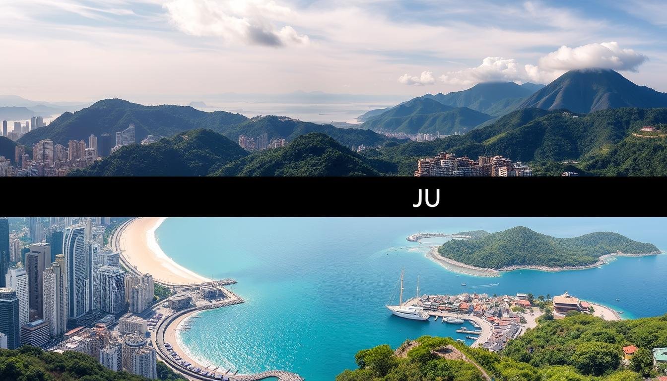 A bustling coastal city, Busan, and the serene island of Jeju, two of South Korea's most captivating travel destinations. Imagine a panoramic view of Busan's iconic Haeundae Beach, its golden sands framed by towering high-rises and the glistening turquoise waters of the East Sea. In the distance, the majestic Namsan Mountain rises, its lush, verdant slopes cascading down to the city below. Shift the scene to Jeju, where a picturesque harbor town comes into focus, its charming traditional houses and fishing boats nestled against a backdrop of volcanic peaks capped with wispy clouds. Lush, verdant forests and cascading waterfalls create a serene, natural sanctuary, inviting travelers to immerse themselves in the island's tranquil beauty. Capture the essence of these two unique destinations, blending their distinct charms and landscapes into a captivating visual representation.