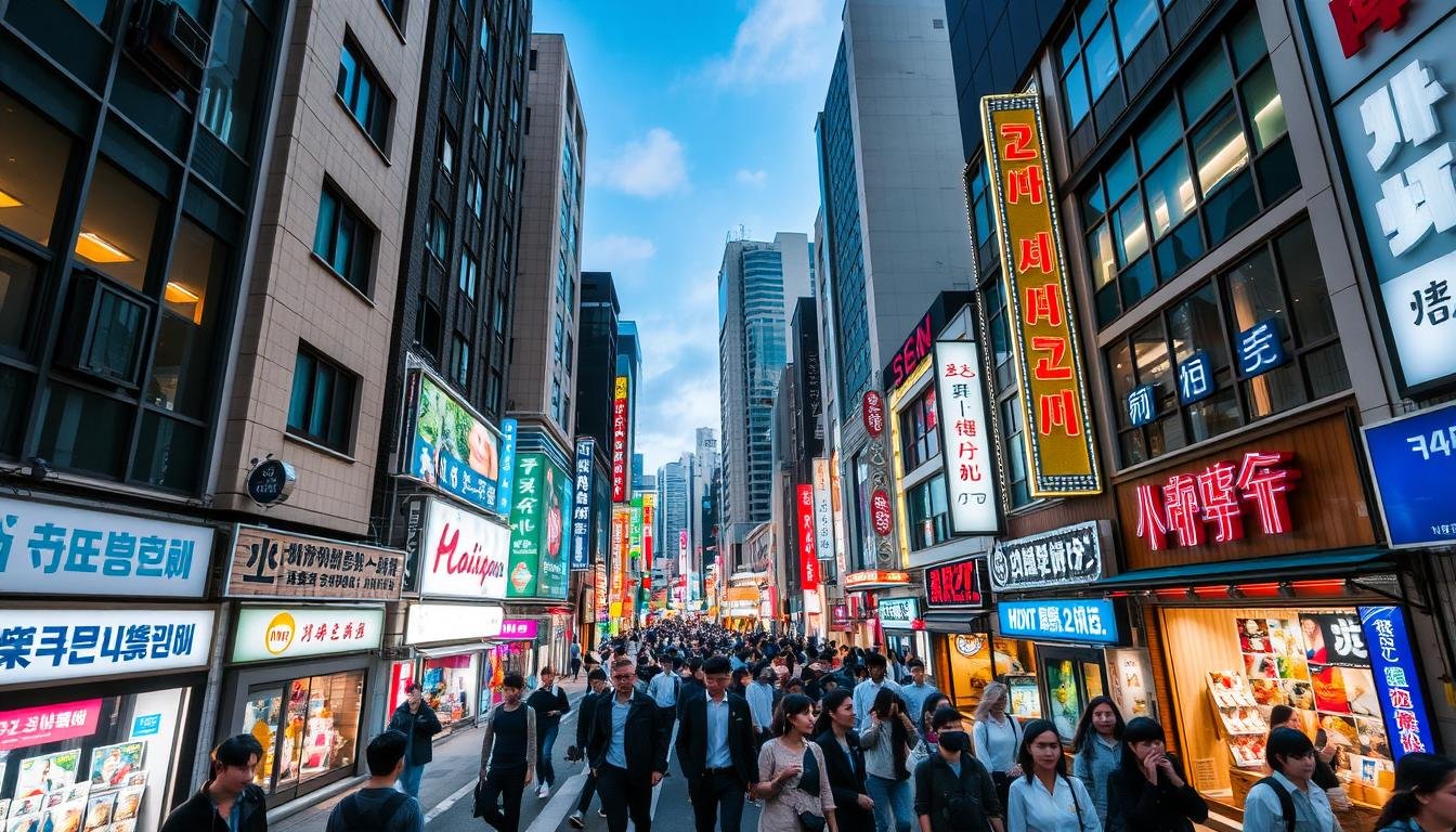 A bustling commercial district in Seoul, South Korea, Myeongdong (명동) is a shopping and dining hub with a vibrant energy. Capture the essence of this iconic urban landscape - towering high-rise buildings, neon-lit storefronts, and crowds of people navigating the lively streets. Use a wide-angle lens to showcase the scale and density of the city, with natural lighting illuminating the scene. Convey a sense of dynamism and consumerism, reflecting the competitive retail environment and the diverse shopping experiences available. The overall mood should be one of excitement, modernity, and the fast-paced lifestyle of a major metropolitan center.