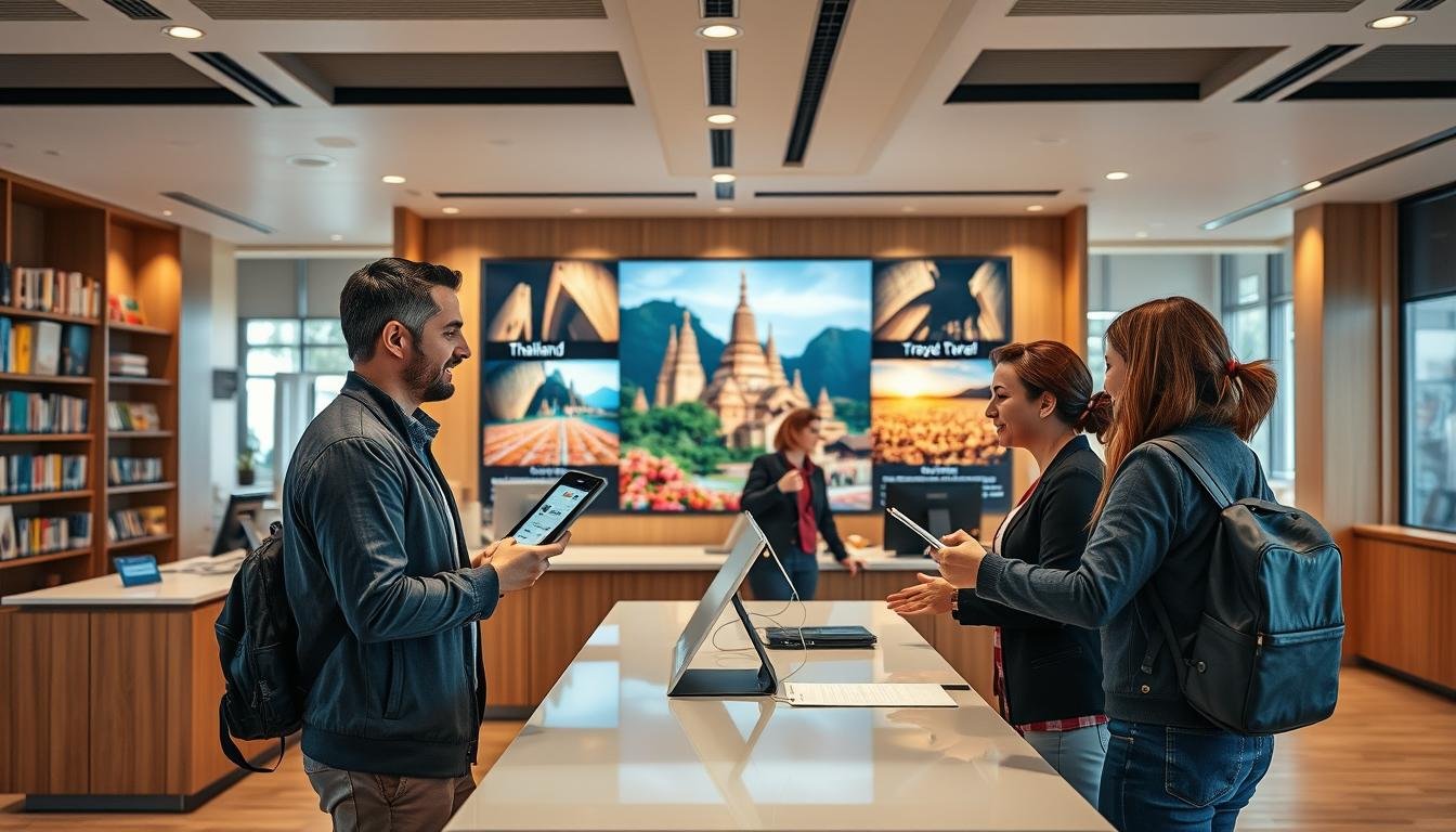 A bustling customer service counter in a modern travel agency, with a warm and inviting atmosphere. In the foreground, a customer discusses their travel plans with a friendly agent, gesturing animatedly as they review itinerary options on a tablet. The middle ground showcases a display of vibrant, colorful imagery depicting the rich cultural experiences of a Thailand group tour, enticing potential travelers. In the background, a sleek, minimalist design with clean lines and natural lighting creates a sense of efficiency and professionalism. The overall scene conveys a seamless, well-organized customer experience that aligns with the high-value Thailand group tour offerings. A bustling customer service counter in a modern travel agency, with a warm and inviting atmosphere. In the foreground, a customer discusses their travel plans with a friendly agent, gesturing animatedly as they review itinerary options on a tablet. The middle ground showcases a display of vibrant, colorful imagery depicting the rich cultural experiences of a Thailand group tour, enticing potential travelers. In the background, a sleek, minimalist design with clean lines and natural lighting creates a sense of efficiency and professionalism. The overall scene conveys a seamless, well-organized customer experience that aligns with the high-value Thailand group tour offerings.
