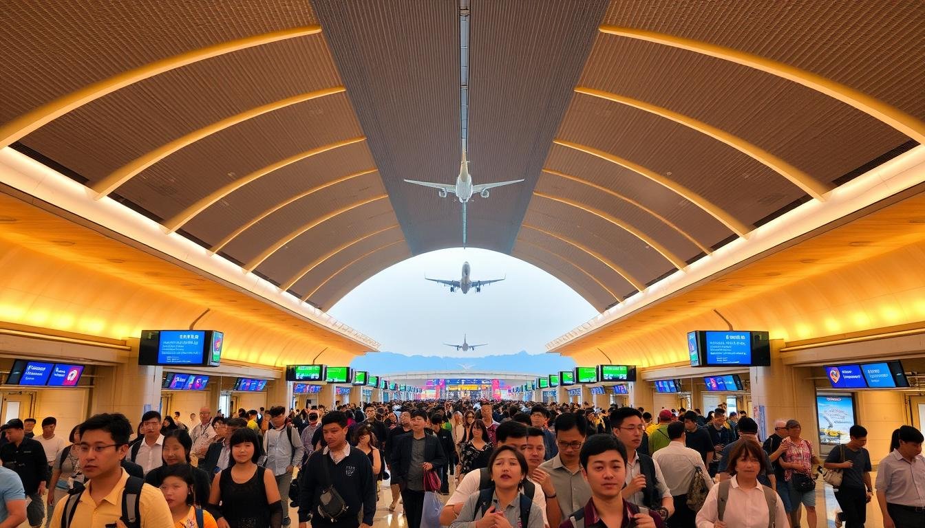 A bustling departure terminal at Taoyuan International Airport, its modern architecture and sleek lines bathed in warm, diffused lighting. Passengers flow through the spacious concourse, their faces reflecting a mix of anticipation and focused efficiency as they navigate towards their gates. In the middle ground, colorful airline branding and digital signage guide the way, while the background reveals the silhouettes of aircraft taking to the skies. An atmosphere of seamless, organized travel pervades the scene, capturing the strategic considerations of departing from Taiwan's premier aviation hub.