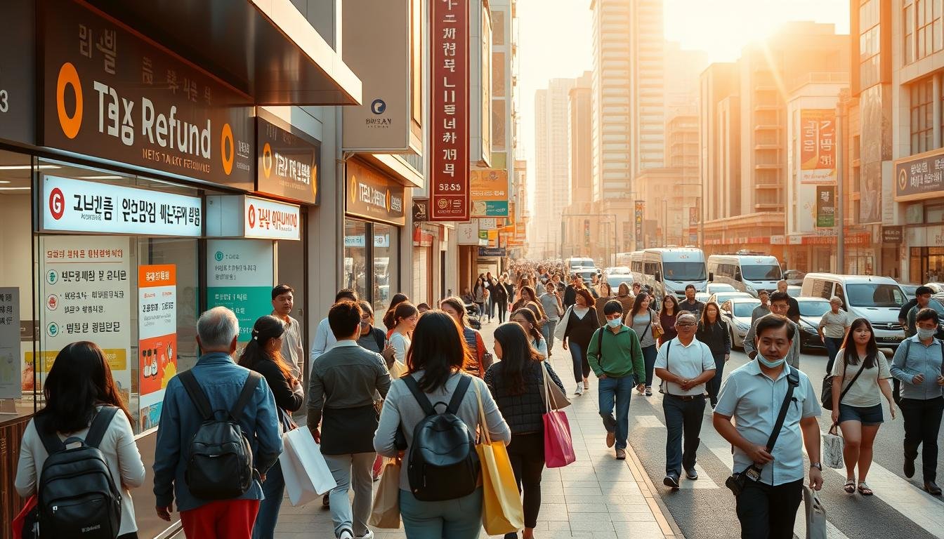 A bustling downtown street in Busan, South Korea, showcasing the tax refund process for international shoppers. In the foreground, a group of tourists navigate the line at a tax refund counter, their shopping bags in hand. The middle ground features storefront signs and billboards in Korean and English, guiding visitors through the refund procedure. In the background, a steady flow of pedestrians and vehicles create an energetic urban atmosphere, lit by warm afternoon sunlight filtering through the city skyline. The scene conveys the efficient, yet vibrant experience of completing a tax refund amid the lively commercial district of Busan.