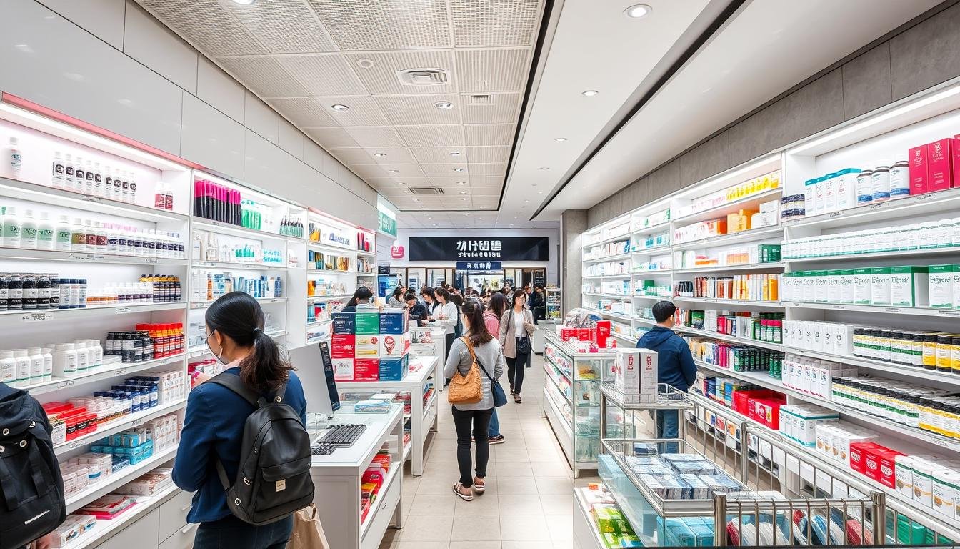 A bustling drugstore interior in Seoul's Myeong-dong district, showcasing an abundance of skin care, makeup, and pharmaceutical products. Bright, natural lighting filters through large windows, illuminating sleek display shelves and counters. Shoppers browse the diverse selection, from high-end Korean beauty brands to essential over-the-counter medications. The atmosphere is vibrant and inviting, capturing the essence of a must-visit shopping destination for both locals and tourists seeking a comprehensive health and beauty resupply.