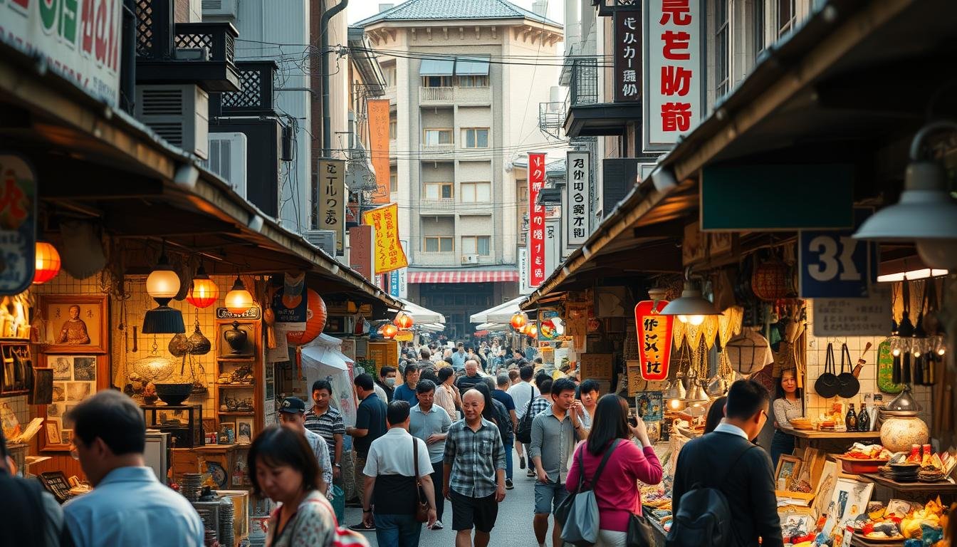 A bustling flea market in Kansai, Japan, captured in a vibrant, immersive scene. The foreground showcases a diverse array of stalls, each offering a treasure trove of vintage goods, antiques, and unique handmade crafts. Shoppers navigate the maze of vendors, their faces animated with excitement as they haggle and explore. In the middle ground, the market's energy pulses, with lively conversations, the aroma of street food, and the clatter of goods exchanging hands. The background reveals the architectural charm of the surrounding buildings, their facades adorned with colorful signage and weathered textures, creating a quintessential Japanese ambiance. Warm, natural lighting casts a gentle glow, highlighting the vibrant colors and textures of the scene. The overall composition conveys the lively, immersive experience of wandering through this renowned Kansai flea market.