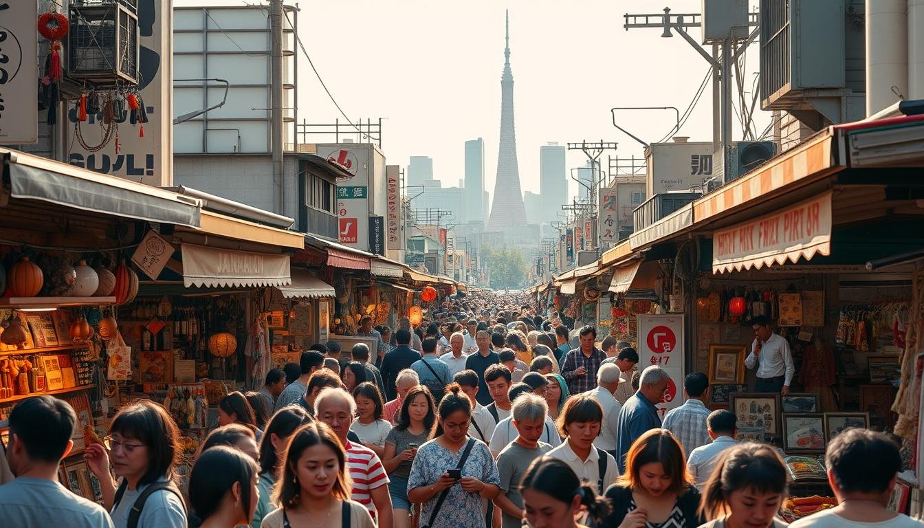 A bustling flea market in the heart of Tokyo, showcasing a vibrant array of vintage trinkets, artisanal crafts, and unique local finds. In the foreground, a crowd of enthusiastic shoppers peruse the eclectic stalls, their faces alight with excitement as they haggle and discover hidden gems. The middle ground is a maze of tightly packed vendor booths, each offering a tantalizing glimpse into the rich tapestry of Japanese culture and tradition. In the background, the iconic skyline of Tokyo rises, a testament to the city's enduring spirit of innovation and preservation. The scene is bathed in the warm, golden glow of natural light, creating a cozy, inviting atmosphere that draws the viewer in, eager to explore and uncover the treasures of this bustling Tokyo flea market. A bustling flea market in the heart of Tokyo, showcasing a vibrant array of vintage trinkets, artisanal crafts, and unique local finds. In the foreground, a crowd of enthusiastic shoppers peruse the eclectic stalls, their faces alight with excitement as they haggle and discover hidden gems. The middle ground is a maze of tightly packed vendor booths, each offering a tantalizing glimpse into the rich tapestry of Japanese culture and tradition. In the background, the iconic skyline of Tokyo rises, a testament to the city's enduring spirit of innovation and preservation. The scene is bathed in the warm, golden glow of natural light, creating a cozy, inviting atmosphere that draws the viewer in, eager to explore and uncover the treasures of this bustling Tokyo flea market.