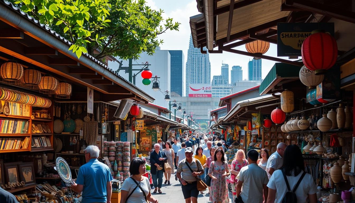 A bustling flea market in the heart of Tokyo, with rows of vibrant vendor stalls showcasing an eclectic array of vintage treasures, handmade crafts, and local delicacies. The sun-dappled scene is framed by traditional Japanese architecture, with intricate wooden facades and paper lanterns hanging overhead. In the foreground, shoppers meander through the crowded aisles, inspecting antique trinkets and haggling with friendly merchants. The middle ground is a mosaic of colorful textiles, ceramic wares, and artisanal goods, while the background is dominated by the iconic silhouette of Tokyo's skyscrapers. The atmosphere is lively and vibrant, capturing the unique character and energy of this beloved flea market destination. A bustling flea market in the heart of Tokyo, with rows of vibrant vendor stalls showcasing an eclectic array of vintage treasures, handmade crafts, and local delicacies. The sun-dappled scene is framed by traditional Japanese architecture, with intricate wooden facades and paper lanterns hanging overhead. In the foreground, shoppers meander through the crowded aisles, inspecting antique trinkets and haggling with friendly merchants. The middle ground is a mosaic of colorful textiles, ceramic wares, and artisanal goods, while the background is dominated by the iconic silhouette of Tokyo's skyscrapers. The atmosphere is lively and vibrant, capturing the unique character and energy of this beloved flea market destination.