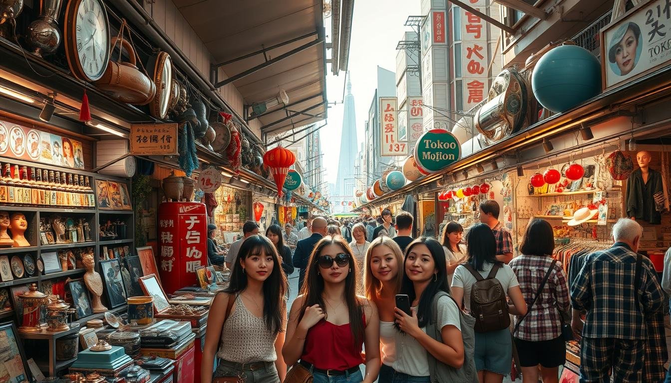 A bustling flea market in the heart of Tokyo, with rows of vintage stalls and vibrant displays of retro treasures. Sunlight filters through the canopies, casting a warm, nostalgic glow over the scene. Visitors meander through the narrow aisles, examining antique trinkets, clothing, and collectibles, immersed in the eclectic atmosphere. In the foreground, a group of young fashionistas pose for Instagram, capturing the essence of this iconic Tokyo destination. The middle ground is a tapestry of diverse vendors, each with their own unique offerings, while the background features the iconic architecture of the city, hinting at the broader cultural landscape. The overall vibe is one of exploration, discovery, and a sense of timeless style. A bustling flea market in the heart of Tokyo, with rows of vintage stalls and vibrant displays of retro treasures. Sunlight filters through the canopies, casting a warm, nostalgic glow over the scene. Visitors meander through the narrow aisles, examining antique trinkets, clothing, and collectibles, immersed in the eclectic atmosphere. In the foreground, a group of young fashionistas pose for Instagram, capturing the essence of this iconic Tokyo destination. The middle ground is a tapestry of diverse vendors, each with their own unique offerings, while the background features the iconic architecture of the city, hinting at the broader cultural landscape. The overall vibe is one of exploration, discovery, and a sense of timeless style.
