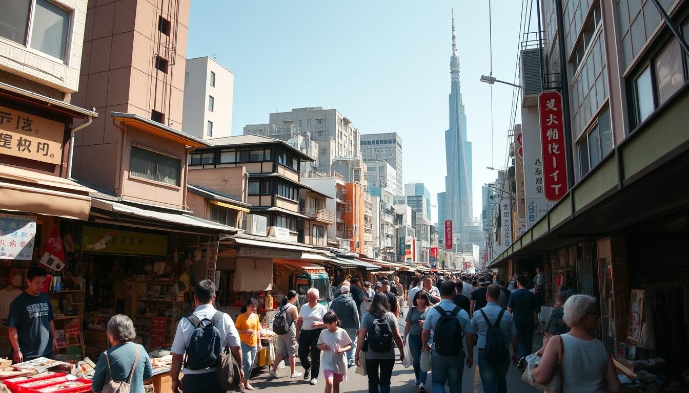 A bustling flea market in the heart of Tokyo, with vendors setting up stalls along the narrow streets. In the foreground, pedestrians weave through the crowds, some carrying bags of treasures. The middle ground features a mix of traditional Japanese architecture and modern buildings, while the background showcases the city's towering skyscrapers against a bright, sunny sky. The scene is captured with a wide-angle lens, conveying the energy and liveliness of the market, with natural lighting casting warm tones across the scene. An immersive, atmospheric snapshot of the Tokyo Flea Market experience. A bustling flea market in the heart of Tokyo, with vendors setting up stalls along the narrow streets. In the foreground, pedestrians weave through the crowds, some carrying bags of treasures. The middle ground features a mix of traditional Japanese architecture and modern buildings, while the background showcases the city's towering skyscrapers against a bright, sunny sky. The scene is captured with a wide-angle lens, conveying the energy and liveliness of the market, with natural lighting casting warm tones across the scene. An immersive, atmospheric snapshot of the Tokyo Flea Market experience.