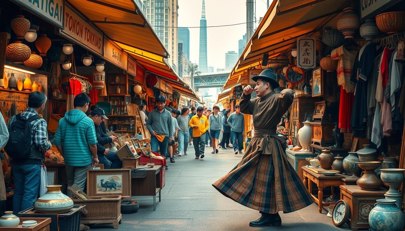 A bustling flea market in the heart of Tokyo, with vendors showcasing an eclectic array of vintage wares and unique artisanal treasures. Vibrant stalls line the streets, their owners engaging in lively negotiations and haggling with customers. Overhead, a warm, golden glow filters through the canopies, creating a cozy, inviting atmosphere. In the foreground, a talented street performer captivates the crowd with a mesmerizing dance, their fluid movements and expressive gestures drawing in passersby. The middle ground is a tapestry of color and texture, with shoppers browsing through antique furniture, handcrafted ceramics, and one-of-a-kind clothing. In the background, the iconic Tokyo skyline is visible, a subtle reminder of the city's dynamic energy and rich cultural heritage.