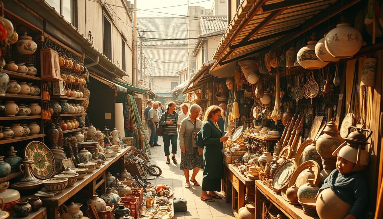 A bustling flea market scene in Kansai, Japan, showcasing an array of unique vintage finds and handcrafted goods. The foreground features an intricate display of antique trinkets, ceramics, and textiles arranged on weathered wooden stalls. Mid-ground, shoppers browse through the vibrant array, their faces alight with the thrill of discovery. In the background, a maze of narrow alleyways and corrugated rooftops creates a sense of intimacy and authenticity. Warm, golden sunlight filters through the scene, casting a nostalgic glow and highlighting the textures of the merchandise. The overall atmosphere evokes the charm and excitement of a quintessential Kansai flea market experience. A bustling flea market scene in Kansai, Japan, showcasing an array of unique vintage finds and handcrafted goods. The foreground features an intricate display of antique trinkets, ceramics, and textiles arranged on weathered wooden stalls. Mid-ground, shoppers browse through the vibrant array, their faces alight with the thrill of discovery. In the background, a maze of narrow alleyways and corrugated rooftops creates a sense of intimacy and authenticity. Warm, golden sunlight filters through the scene, casting a nostalgic glow and highlighting the textures of the merchandise. The overall atmosphere evokes the charm and excitement of a quintessential Kansai flea market experience.