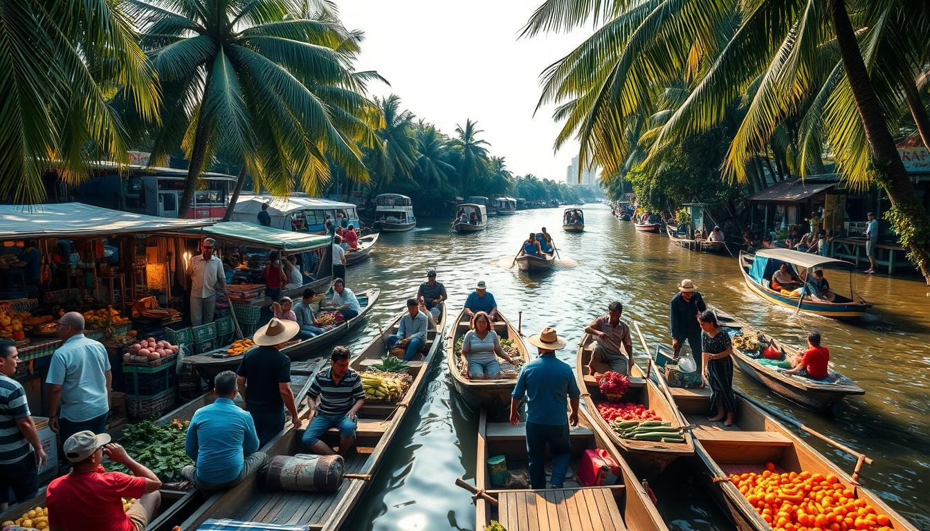 A bustling floating market on the Chao Phraya River in Bangkok, Thailand. Narrow wooden boats laden with fresh produce, colorful flowers, and local handicrafts drift between stalls and vendors. Sunlight filters through the lush canopy of palm trees, casting a warm glow over the scene. In the foreground, customers haggle playfully with merchants, while further back, long-tail boats zip across the tranquil waters. The air is filled with the tantalizing aromas of sizzling street food and the lively chatter of a thriving community. A vibrant, immersive glimpse into the heart of Bangkok's iconic water-based culture and commerce.
