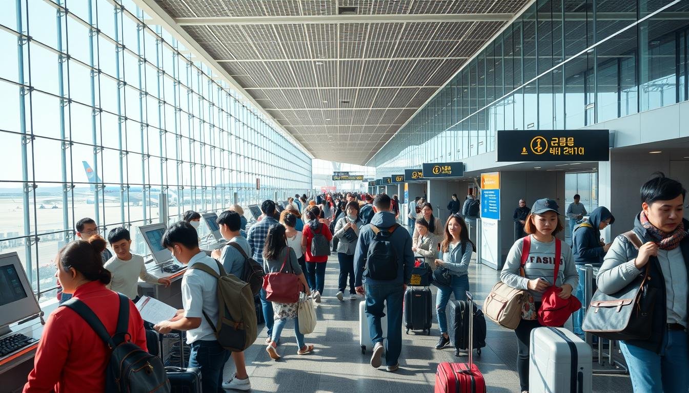 A bustling international airport in Busan, South Korea. The scene depicts travelers navigating the terminal with their luggage, both carry-on and checked, as they prepare to board their flights. The lighting is bright and natural, capturing the atmosphere of efficiency and anticipation. In the foreground, passengers queue at ticket counters, examining their itineraries and weighing the costs of different ticket classes. In the middle ground, people hurry through the concourse, their expressions a mix of excitement and apprehension as they consider the total price of their journey, including ancillary fees. The background features the towering glass facade of the airport, offering a glimpse of the aircraft waiting on the tarmac, ready to whisk travelers to their destinations.