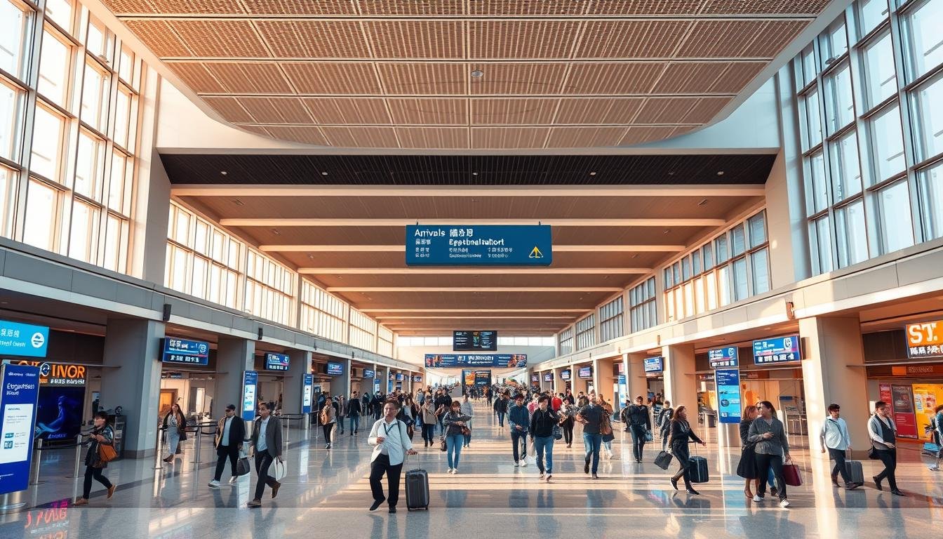 A bustling international airport terminal, bathed in warm, natural lighting from large windows. The sleek, modern architecture features clean lines and minimalist design, with prominent signage and digital displays providing clear information for arrivals, departures, and services. Travelers move with purpose through the spacious, well-organized concourses, while airport staff assist with efficiency. The atmosphere is one of calm organization, reflecting the efficient, high-tech nature of Seoul's Incheon International Airport, a gateway to South Korea. A bustling international airport terminal, bathed in warm, natural lighting from large windows. The sleek, modern architecture features clean lines and minimalist design, with prominent signage and digital displays providing clear information for arrivals, departures, and services. Travelers move with purpose through the spacious, well-organized concourses, while airport staff assist with efficiency. The atmosphere is one of calm organization, reflecting the efficient, high-tech nature of Seoul's Incheon International Airport, a gateway to South Korea.
