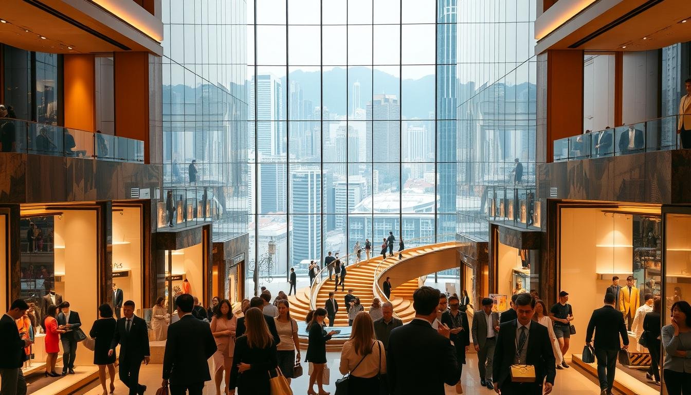 A bustling luxury shopping mall in Hong Kong, bathed in warm, golden lighting. In the foreground, well-dressed shoppers browse through the display windows of high-end fashion boutiques, examining the latest designer goods with a keen eye. In the middle ground, a central atrium features a grand, sweeping staircase leading to the upper levels, where more stores and services await. The background is a panoramic view of the city skyline, with skyscrapers and busy streets visible through the expansive glass walls. The atmosphere is one of refined elegance and a sense of exclusivity, capturing the essence of a premium shopping experience.