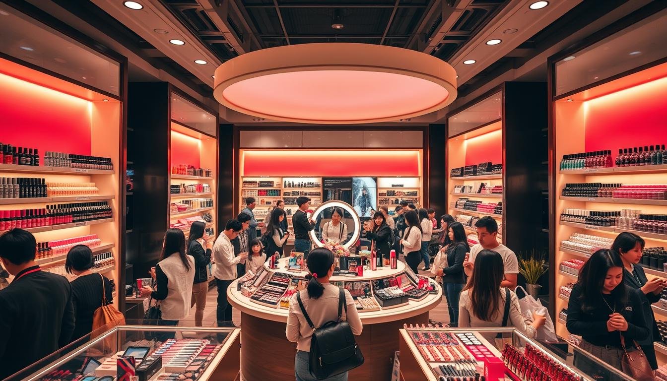 A bustling makeup shop in Busan, South Korea, where customers browse vibrant cosmetic displays under warm, diffused lighting. The interior features sleek, minimalist shelves showcasing a wide array of Korean beauty products, with cheerful sales associates guiding shoppers through the experience. In the center, a circular makeup station is surrounded by mirrors, inviting visitors to try on the latest makeup trends. The overall atmosphere is one of discovery and excitement, capturing the essence of Busan's thriving beauty culture.