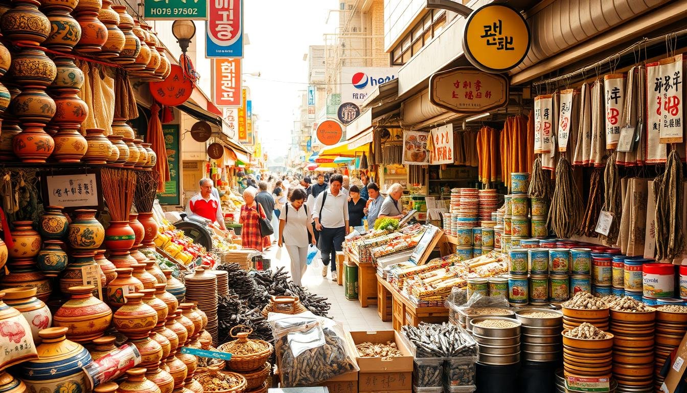 A bustling market in Busan, Korea, showcasing an array of traditional local specialties and souvenir gifts. In the foreground, a vibrant display of artisanal handcrafted items, including intricate pottery, embroidered textiles, and fragrant spice blends. In the middle ground, vendors offer a selection of iconic Busan seafood delicacies, such as dried anchovies, salted mackerel, and gourmet canned tuna. The background depicts the lively atmosphere of the market, with colorful stalls, overhead signage, and a diverse crowd of shoppers exploring the vast array of Busan's renowned local products. The scene is bathed in warm, natural lighting, capturing the bustling energy and cultural charm of this renowned shopping destination. A bustling market in Busan, Korea, showcasing an array of traditional local specialties and souvenir gifts. In the foreground, a vibrant display of artisanal handcrafted items, including intricate pottery, embroidered textiles, and fragrant spice blends. In the middle ground, vendors offer a selection of iconic Busan seafood delicacies, such as dried anchovies, salted mackerel, and gourmet canned tuna. The background depicts the lively atmosphere of the market, with colorful stalls, overhead signage, and a diverse crowd of shoppers exploring the vast array of Busan's renowned local products. The scene is bathed in warm, natural lighting, capturing the bustling energy and cultural charm of this renowned shopping destination.