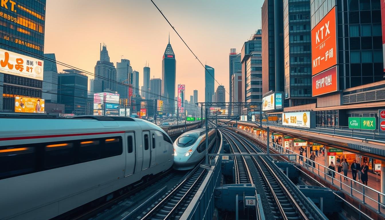 A bustling metropolis in South Korea, where efficient transportation options seamlessly connect its vibrant streets. In the foreground, a high-speed KTX train glides effortlessly through the city, its sleek silhouette capturing the modern and convenient nature of Korean transit. In the middle ground, a network of subway stations and bus stops buzz with a constant flow of commuters, showcasing the comprehensive public transportation system. In the background, towering skyscrapers and neon-lit billboards create an urban landscape that exudes a sense of dynamism and progress. Warm, directional lighting illuminates the scene, highlighting the ease and accessibility of traversing this bustling metropolis. The overall impression is one of a meticulously designed, technology-driven transportation infrastructure that allows residents and visitors to explore Korea's renowned destinations with utmost convenience. A bustling metropolis in South Korea, where efficient transportation options seamlessly connect its vibrant streets. In the foreground, a high-speed KTX train glides effortlessly through the city, its sleek silhouette capturing the modern and convenient nature of Korean transit. In the middle ground, a network of subway stations and bus stops buzz with a constant flow of commuters, showcasing the comprehensive public transportation system. In the background, towering skyscrapers and neon-lit billboards create an urban landscape that exudes a sense of dynamism and progress. Warm, directional lighting illuminates the scene, highlighting the ease and accessibility of traversing this bustling metropolis. The overall impression is one of a meticulously designed, technology-driven transportation infrastructure that allows residents and visitors to explore Korea's renowned destinations with utmost convenience.