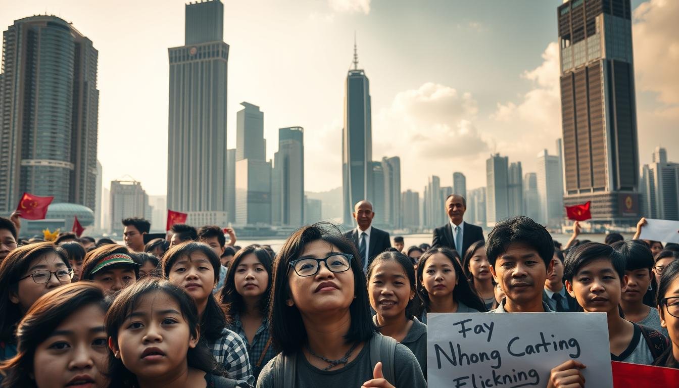 A bustling metropolis of Hong Kong, its skyline defined by towering skyscrapers and the iconic Victoria Harbour. In the foreground, a group of students engaged in a lively protest, their faces reflecting a mix of determination and concern. Behind them, government officials in formal attire stand in a somber tableau, symbolizing the tension between the policies of the Hong Kong government and their impact on education. The scene is bathed in a warm, golden light, creating a sense of urgency and unease. The composition emphasizes the dichotomy between the vibrant youth movement and the formal, imposing presence of the authorities, capturing the complexities of the relationship between Hong Kong and China under the "one country, two systems" framework.