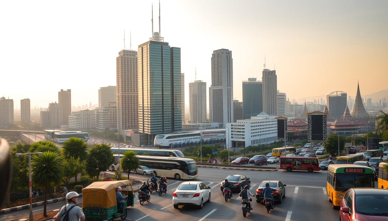 A bustling metropolitan cityscape of Bangkok, Thailand, captured in a wide-angle lens. The foreground features a busy intersection with a diverse array of vehicles - tuk-tuks, motorbikes, cars, and public transport buses. The middle ground showcases the towering skyscrapers and iconic landmarks of the city's financial district, bathed in warm, golden-hour lighting. In the background, a hazy horizon with distant temples and mountains creates a sense of depth and scale. The overall atmosphere conveys the fast-paced, vibrant energy of navigating Bangkok's renowned traffic patterns. A bustling metropolitan cityscape of Bangkok, Thailand, captured in a wide-angle lens. The foreground features a busy intersection with a diverse array of vehicles - tuk-tuks, motorbikes, cars, and public transport buses. The middle ground showcases the towering skyscrapers and iconic landmarks of the city's financial district, bathed in warm, golden-hour lighting. In the background, a hazy horizon with distant temples and mountains creates a sense of depth and scale. The overall atmosphere conveys the fast-paced, vibrant energy of navigating Bangkok's renowned traffic patterns.