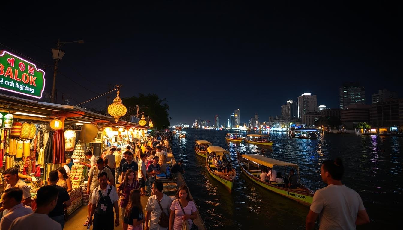 A bustling night market along the Chao Phraya River in Bangkok, Thailand. Vibrant stalls line the riverbanks, offering an array of local street food, handicrafts, and trinkets. Neon-lit signs and lanterns cast a warm, inviting glow across the scene. In the foreground, people browse the market, navigating the lively crowds. Further back, longtail boats float along the gently flowing river, their passengers taking in the sights and sounds of the city at night. The sky is a deep indigo, dotted with twinkling stars. An immersive, atmospheric vision of Bangkok's iconic nighttime experience. A bustling night market along the Chao Phraya River in Bangkok, Thailand. Vibrant stalls line the riverbanks, offering an array of local street food, handicrafts, and trinkets. Neon-lit signs and lanterns cast a warm, inviting glow across the scene. In the foreground, people browse the market, navigating the lively crowds. Further back, longtail boats float along the gently flowing river, their passengers taking in the sights and sounds of the city at night. The sky is a deep indigo, dotted with twinkling stars. An immersive, atmospheric vision of Bangkok's iconic nighttime experience.