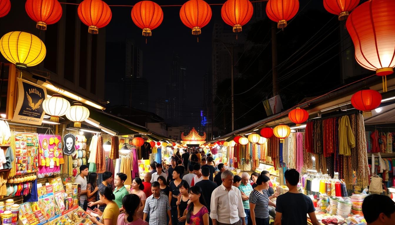 A bustling night market in Bangkok, Thailand, illuminated by warm string lights and lanterns. In the foreground, colorful stalls overflow with a vibrant array of handmade crafts, textiles, and trinkets. Vendors call out to passersby, inviting them to browse their wares. In the middle ground, a lively crowd meanders through the narrow pathways, immersed in the lively atmosphere. The background reveals the silhouettes of high-rise buildings, hinting at the modern cityscape beyond the market. The scene exudes an intoxicating blend of traditional Thai culture and urban energy, creating a captivating visual experience. A bustling night market in Bangkok, Thailand, illuminated by warm string lights and lanterns. In the foreground, colorful stalls overflow with a vibrant array of handmade crafts, textiles, and trinkets. Vendors call out to passersby, inviting them to browse their wares. In the middle ground, a lively crowd meanders through the narrow pathways, immersed in the lively atmosphere. The background reveals the silhouettes of high-rise buildings, hinting at the modern cityscape beyond the market. The scene exudes an intoxicating blend of traditional Thai culture and urban energy, creating a captivating visual experience.