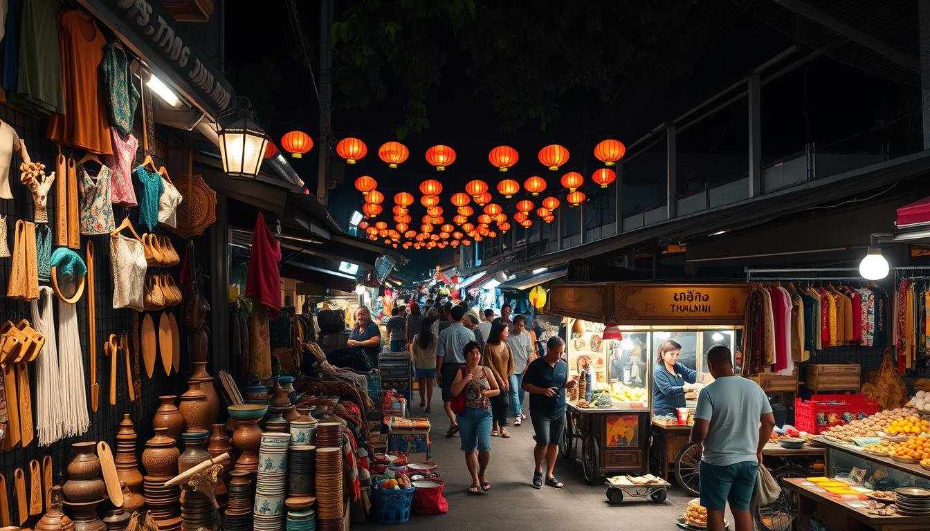 A bustling night market in Chiang Mai, Thailand, featuring an array of local handicrafts, artisanal goods, and vibrant street food stalls. The foreground showcases an eclectic mix of handmade textiles, ceramics, and woodcarvings, while in the middle ground, brightly lit food carts offer a tantalizing array of Thai delicacies. The background is filled with the warm glow of lanterns, illuminating the lively atmosphere of the creative community market. The scene is captured with a wide-angle lens, highlighting the energy and diversity of this authentic cultural experience. The overall mood is one of immersion in the rich traditions and vibrant artistry of northern Thailand.