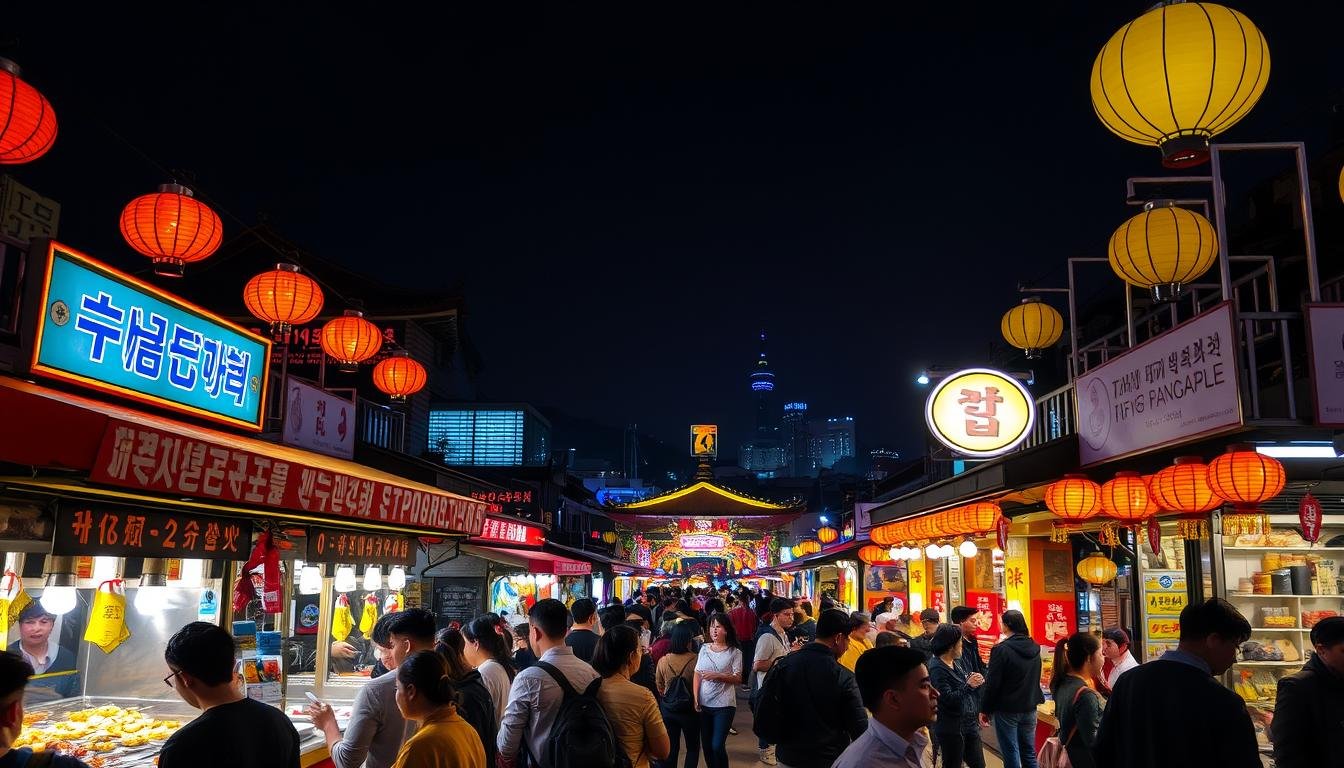 A bustling night market in Seoul, Korea, illuminated by the warm glow of lanterns and neon signs. In the foreground, a lively food stall offers a tantalizing array of steaming street snacks - sizzling Korean pancakes, skewered meats, and fragrant dumplings. Amid the crowd, people peruse the colorful stalls, chatting and sampling the diverse flavors of the night. The middle ground features a mix of traditional and modern architecture, creating a vibrant and dynamic atmosphere. In the background, the silhouettes of towering buildings and the faint outline of mountains create a picturesque urban landscape. The scene conveys the vibrant energy, rich aromas, and irresistible allure of a quintessential Korean night market experience.