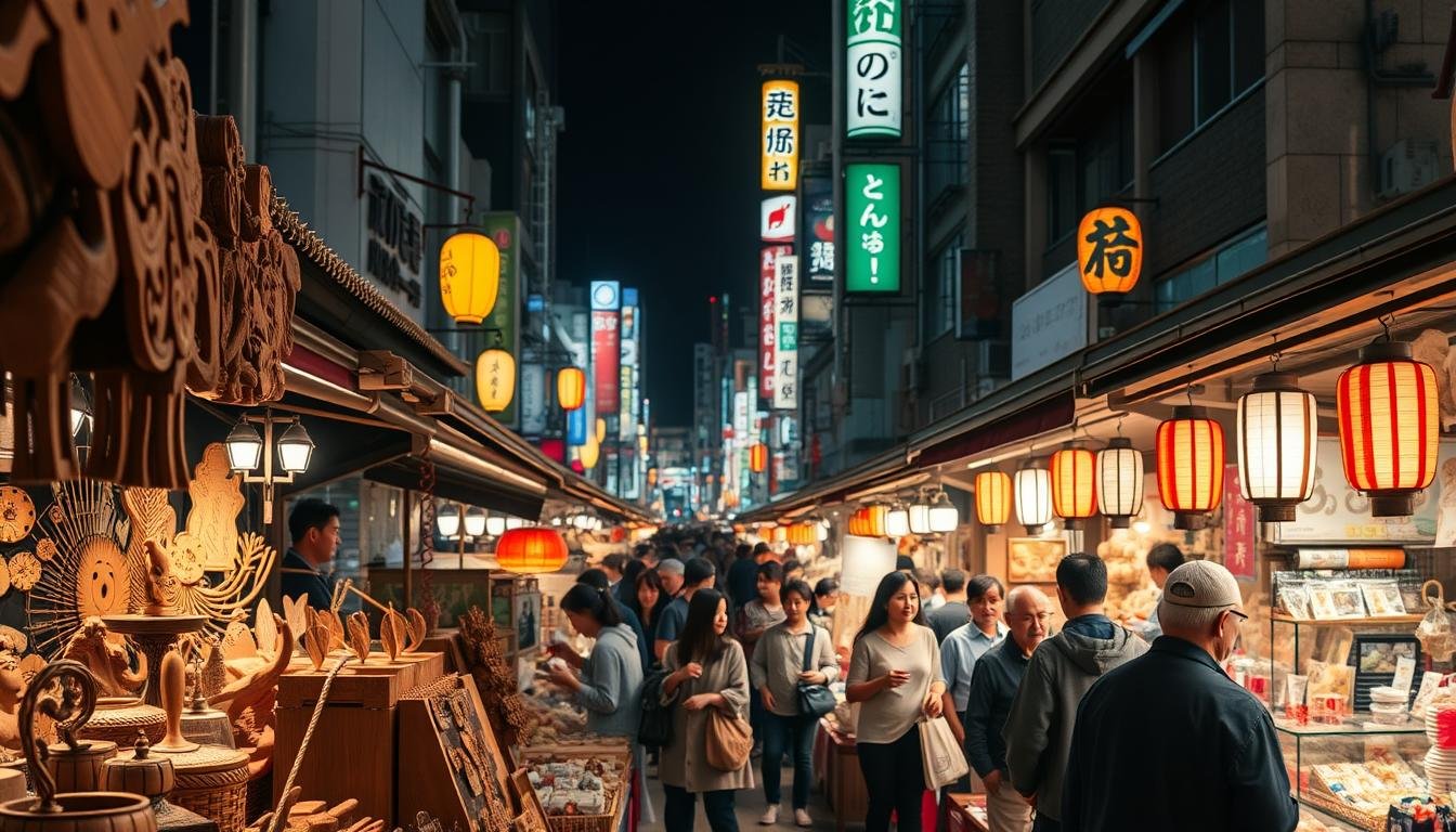 A bustling night market in Tokyo, showcasing a vibrant blend of traditional and modern Japanese culture. The foreground features an array of handcrafted artisan goods, from intricate wooden carvings to delicate origami sculptures. In the middle ground, shopkeepers enthusiastically display their wares, inviting passersby to explore the unique treasures on offer. The background is filled with the warm glow of lanterns and the lively chatter of the crowd, creating an immersive atmosphere of exploration and discovery. The scene is captured with a wide-angle lens, highlighting the depth and energy of the market, bathed in a soft, ambient lighting that enhances the alluring ambiance.