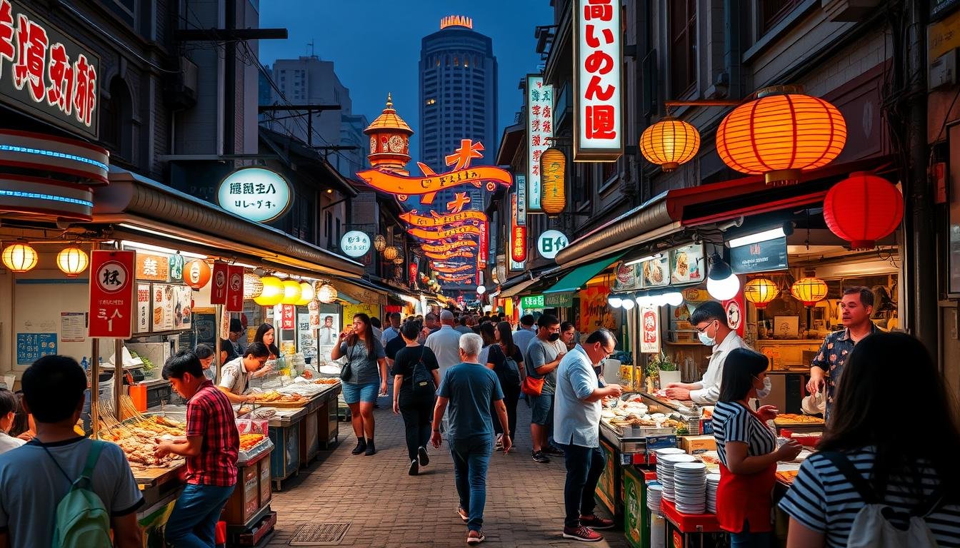 A bustling night market in a vibrant Asian city, with an array of mouthwatering street food stalls lining the cobblestone streets. Sizzling aromas of grilled meats, simmering broths, and freshly prepared delicacies fill the air. Vendors enthusiastically invite passersby to sample their specialties, from skewered yakitori to steaming dumplings. Neon signs and lanterns cast a warm glow over the lively scene, creating an enchanting atmosphere. In the background, a blend of traditional and modern architecture provides a captivating backdrop. People navigate the crowded walkways, eager to discover the hidden gems and culinary treasures that make this night market a must-visit destination.