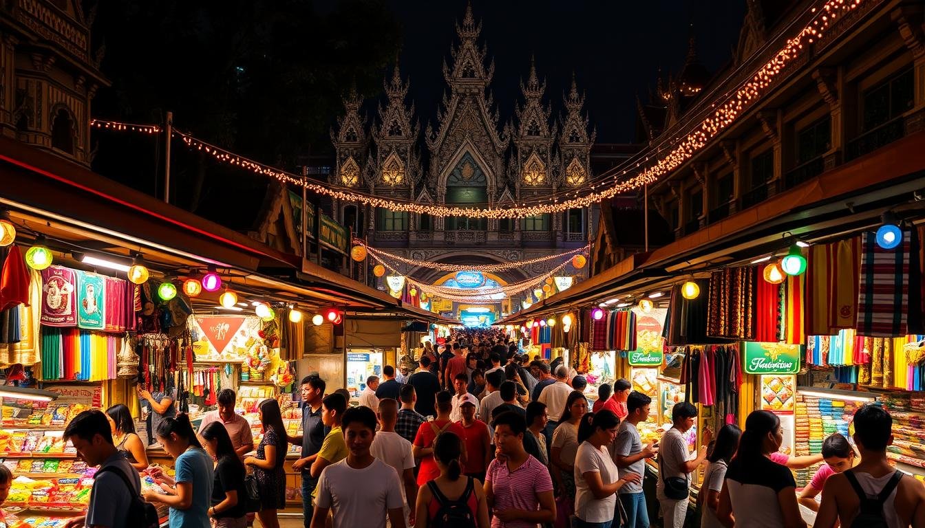 A bustling night market in a vibrant Thai city, bustling with activity and local culture. In the foreground, an array of colorful stalls selling an assortment of goods - from fragrant street food, handcrafted souvenirs, to vibrant textiles. The middle ground is filled with a lively crowd of locals and tourists exploring the wares, while intricate architecture and twinkling lights frame the scene in the background. Warm, golden lighting casts a welcoming glow, and the atmosphere is charged with the energy of discovery and cultural immersion. Capture the essence of an authentic Thai night market experience. A bustling night market in a vibrant Thai city, bustling with activity and local culture. In the foreground, an array of colorful stalls selling an assortment of goods - from fragrant street food, handcrafted souvenirs, to vibrant textiles. The middle ground is filled with a lively crowd of locals and tourists exploring the wares, while intricate architecture and twinkling lights frame the scene in the background. Warm, golden lighting casts a welcoming glow, and the atmosphere is charged with the energy of discovery and cultural immersion. Capture the essence of an authentic Thai night market experience.