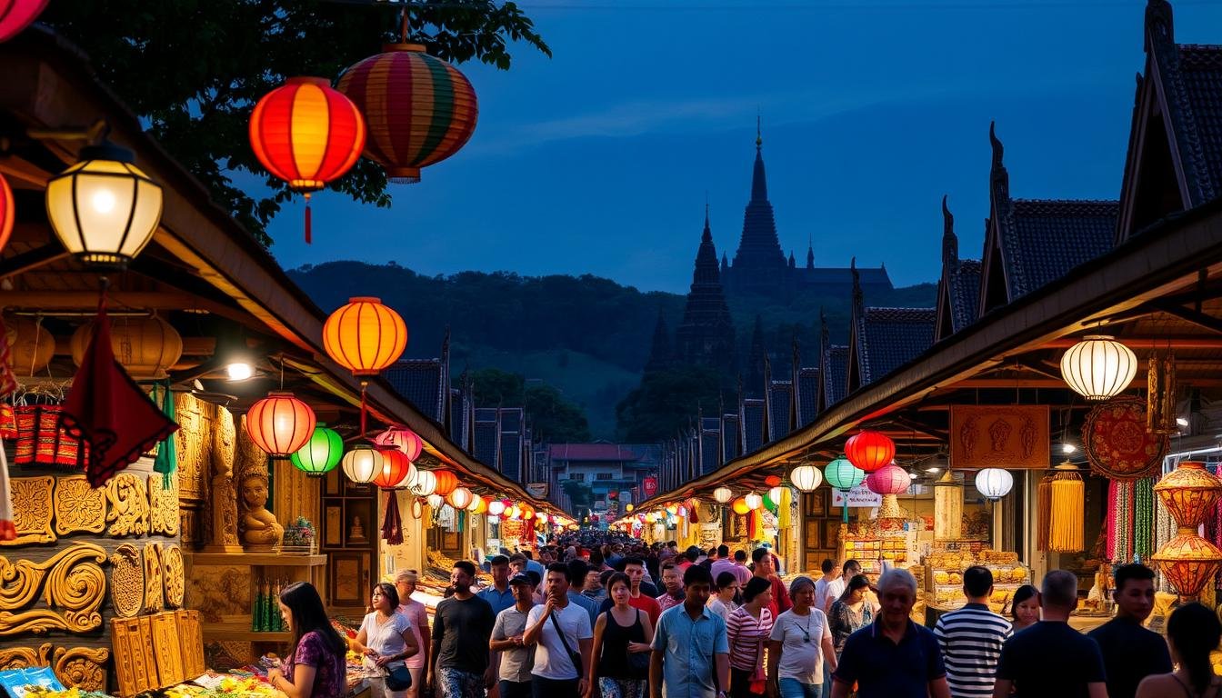 A bustling night market in the historic city of Chiang Mai, Thailand. Vibrant stalls line the streets, offering an array of local handicrafts, street food, and lively entertainment. In the foreground, colorful lanterns and traditional lamps cast a warm, inviting glow, illuminating the intricate wooden carvings, embroidered textiles, and artisanal trinkets. The middle ground features a mix of locals and tourists, mingling and browsing the captivating displays. In the background, the silhouettes of ancient temples and lush, verdant hills rise up, creating a picturesque contrast against the bustling night market. The overall scene evokes a sense of cultural immersion, where the past and present seamlessly intertwine, inviting visitors to explore the rich tapestry of Chiang Mai's heritage and charm.