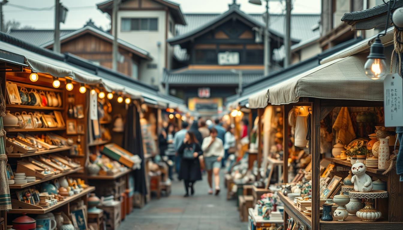 A bustling open-air flea market in Kansai, Japan, with rows of charming vintage stalls and quaint antique shops. In the foreground, a weathered wooden stall displays an eclectic array of trinkets, ceramics, and handcrafted goods. In the middle ground, shoppers leisurely browse through the offerings, immersed in the lively atmosphere. In the background, the market is framed by traditional Japanese architecture, lending a timeless quality to the scene. Soft, warm lighting filters through the stalls, creating a cozy, inviting ambiance. The overall composition captures the vibrant character and unique character of this renowned Kansai flea market. A bustling open-air flea market in Kansai, Japan, with rows of charming vintage stalls and quaint antique shops. In the foreground, a weathered wooden stall displays an eclectic array of trinkets, ceramics, and handcrafted goods. In the middle ground, shoppers leisurely browse through the offerings, immersed in the lively atmosphere. In the background, the market is framed by traditional Japanese architecture, lending a timeless quality to the scene. Soft, warm lighting filters through the stalls, creating a cozy, inviting ambiance. The overall composition captures the vibrant character and unique character of this renowned Kansai flea market.