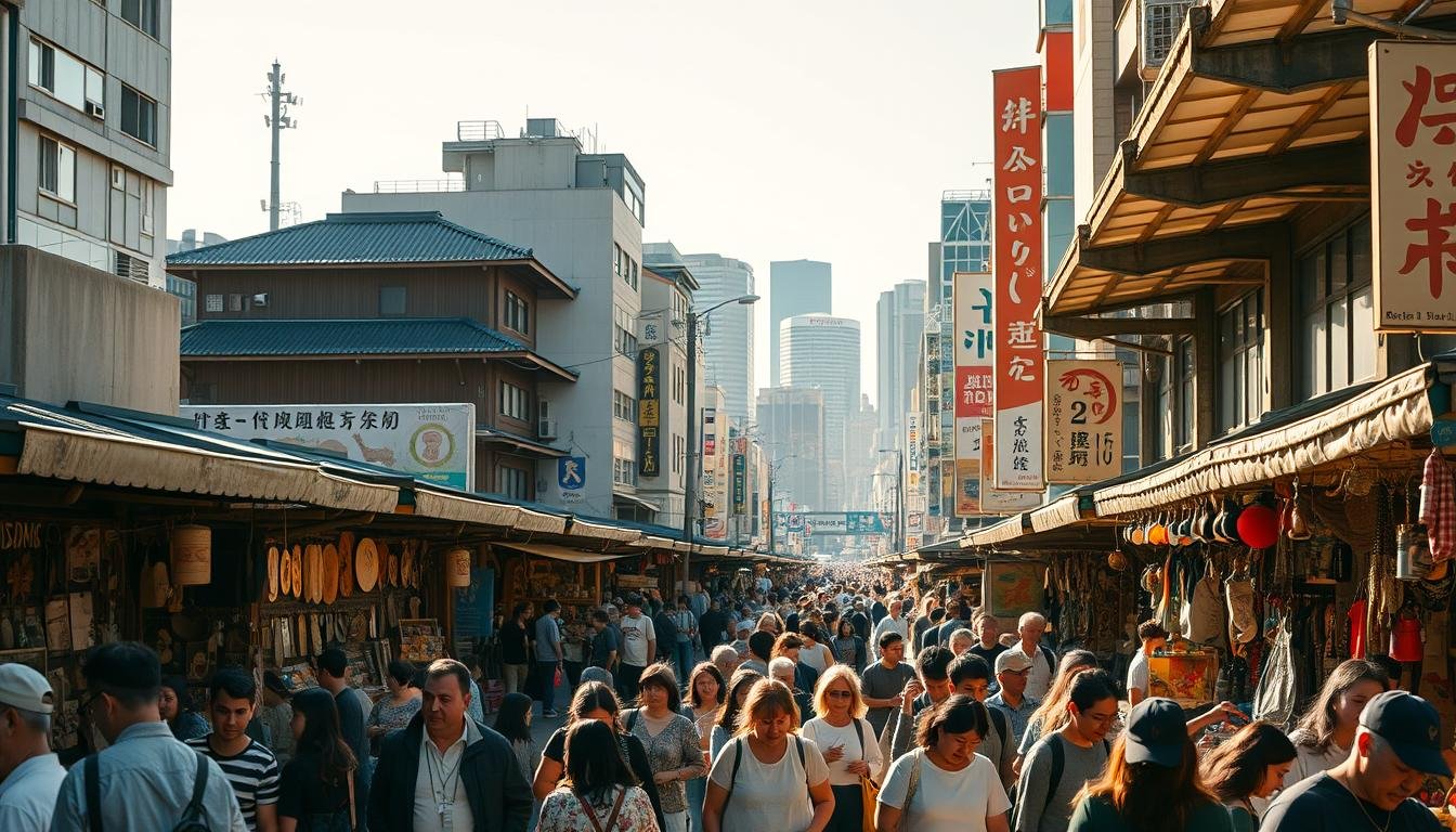 A bustling open-air flea market in the heart of Tokyo's Shibuya district, with rows of stalls offering a diverse array of vintage goods, antiques, and unique handmade items. The scene is bathed in warm afternoon sunlight, casting a golden glow across the weathered wooden structures and creating deep, dramatic shadows. In the foreground, a crowd of shoppers browse through an eclectic mix of merchandise, their faces animated with excitement as they haggle and explore the treasures on display. In the middle ground, a mix of traditional Japanese and contemporary architecture frames the market, while in the distance, the iconic Shibuya Crossing and towering skyscrapers of the modern city skyline can be seen. The overall atmosphere is vibrant, lively, and infused with the energy of a thriving urban community. A bustling open-air flea market in the heart of Tokyo's Shibuya district, with rows of stalls offering a diverse array of vintage goods, antiques, and unique handmade items. The scene is bathed in warm afternoon sunlight, casting a golden glow across the weathered wooden structures and creating deep, dramatic shadows. In the foreground, a crowd of shoppers browse through an eclectic mix of merchandise, their faces animated with excitement as they haggle and explore the treasures on display. In the middle ground, a mix of traditional Japanese and contemporary architecture frames the market, while in the distance, the iconic Shibuya Crossing and towering skyscrapers of the modern city skyline can be seen. The overall atmosphere is vibrant, lively, and infused with the energy of a thriving urban community.