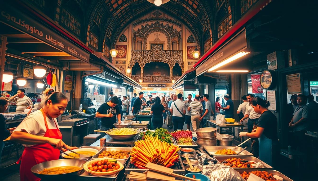 A bustling open-air market in Bangkok, the Nang Loeng Market is a vibrant culinary paradise. Capture the lively atmosphere with a wide-angle lens, showcasing the colorful stalls, sizzling woks, and intoxicating aromas. In the foreground, vendors skillfully prepare an array of Thai street food delicacies, from sizzling satay to fragrant curries. The middle ground features the market's bustling energy, with patrons navigating the narrow aisles, sampling the diverse offerings. In the background, the ornate architecture and ornamental details of the historical market buildings create a visually captivating setting, evoking a sense of timelessness. Warm, diffused lighting illuminates the scene, casting a golden glow and enhancing the market's inviting ambiance. A bustling open-air market in Bangkok, the Nang Loeng Market is a vibrant culinary paradise. Capture the lively atmosphere with a wide-angle lens, showcasing the colorful stalls, sizzling woks, and intoxicating aromas. In the foreground, vendors skillfully prepare an array of Thai street food delicacies, from sizzling satay to fragrant curries. The middle ground features the market's bustling energy, with patrons navigating the narrow aisles, sampling the diverse offerings. In the background, the ornate architecture and ornamental details of the historical market buildings create a visually captivating setting, evoking a sense of timelessness. Warm, diffused lighting illuminates the scene, casting a golden glow and enhancing the market's inviting ambiance.