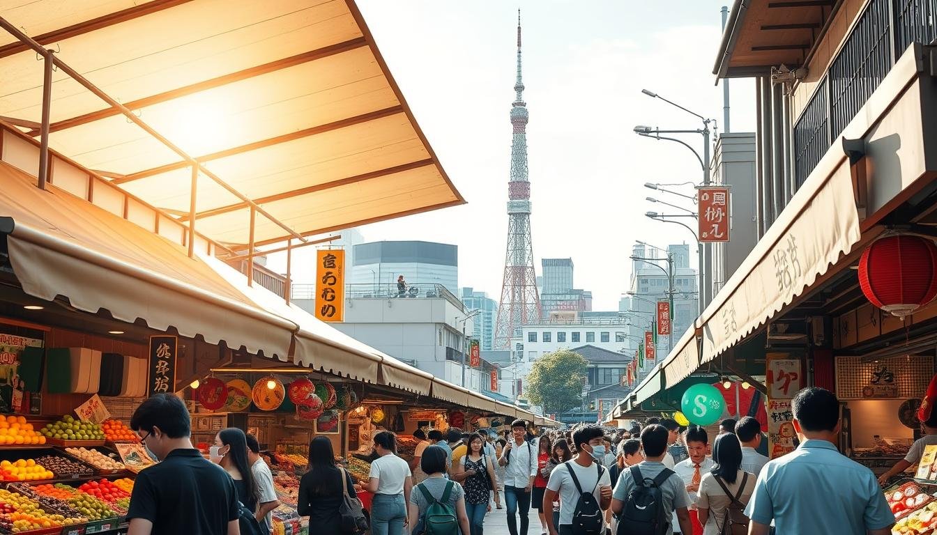 A bustling open-air market in Tokyo, sunlight filtering through the canopy of stalls. Vibrant displays of fresh produce, colorful handicrafts, and sizzling food vendors entice passersby. In the foreground, a group of shoppers browses the wares, immersed in the lively atmosphere. The middle ground features rows of merchant stalls, their wooden facades adorned with traditional Japanese motifs. In the background, the cityscape of Tokyo towers, a blend of modern skyscrapers and historic architecture. The scene exudes an energetic, welcoming ambiance, capturing the essence of a popular local market. A bustling open-air market in Tokyo, sunlight filtering through the canopy of stalls. Vibrant displays of fresh produce, colorful handicrafts, and sizzling food vendors entice passersby. In the foreground, a group of shoppers browses the wares, immersed in the lively atmosphere. The middle ground features rows of merchant stalls, their wooden facades adorned with traditional Japanese motifs. In the background, the cityscape of Tokyo towers, a blend of modern skyscrapers and historic architecture. The scene exudes an energetic, welcoming ambiance, capturing the essence of a popular local market.