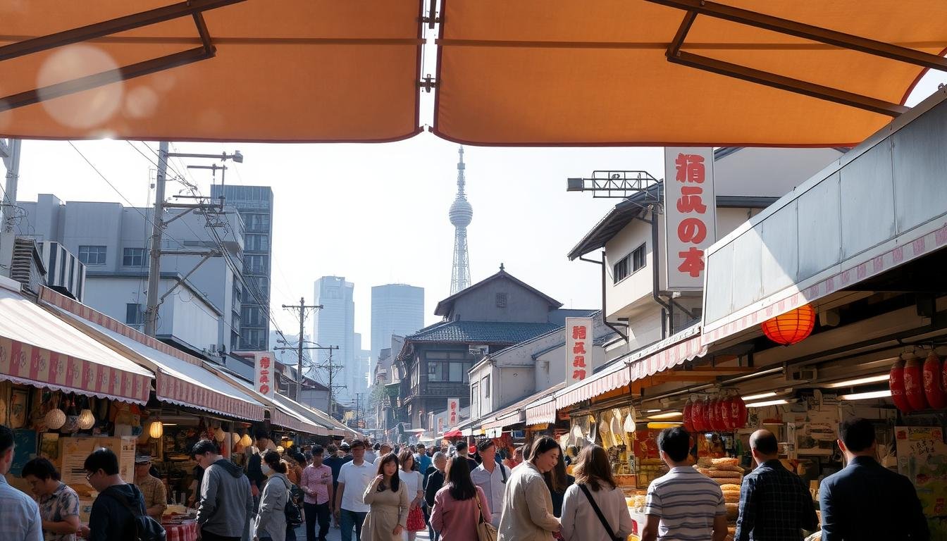 A bustling open-air market in the heart of Tokyo, Tokyo Yatai Shichifukujin is a vibrant gathering of local food stalls and artisanal vendors. Sunlight filters through the canopies, casting a warm glow on the colorful array of Japanese street food delights - from sizzling okonomiyaki to steaming takoyaki, freshly shucked oysters to sweet taiyaki. In the lively foreground, customers browse the stalls, chatting animatedly with vendors. Framing the scene, the iconic architecture of traditional Japanese buildings rises in the middle ground, while in the distant background, the silhouette of Tokyo's modern skyscrapers stands tall against a soft, hazy sky. An immersive sensory experience, this popular market captures the essence of Tokyo's thriving food culture.