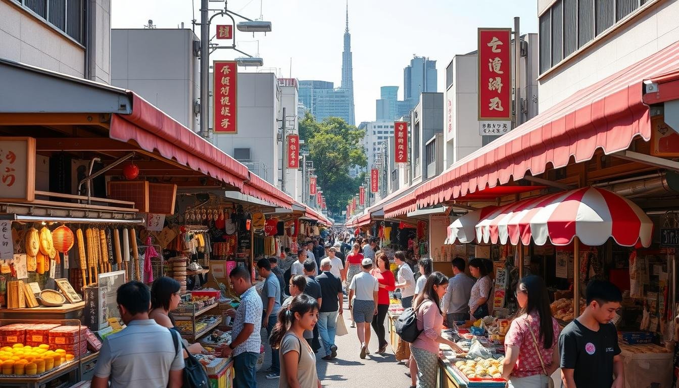 A bustling open-air market in the heart of Tokyo, with rows of vibrant stalls offering an array of local crafts, artisanal goods, and delectable street food. Sunlight filters through the awnings, casting a warm glow over the lively atmosphere. Patrons browse the diverse selection, haggling playfully with vendors and discovering hidden gems among the crowded aisles. The air is filled with the aromas of sizzling takoyaki, freshly brewed matcha, and the distinctive scents of traditional Japanese incense. In the background, the iconic Tokyo skyline provides a picturesque backdrop, hinting at the city's rich cultural heritage. This bustling marketplace is a hub of activity, where the thrill of discovery and the joy of exploration come together for an authentic urban adventure. A bustling open-air market in the heart of Tokyo, with rows of vibrant stalls offering an array of local crafts, artisanal goods, and delectable street food. Sunlight filters through the awnings, casting a warm glow over the lively atmosphere. Patrons browse the diverse selection, haggling playfully with vendors and discovering hidden gems among the crowded aisles. The air is filled with the aromas of sizzling takoyaki, freshly brewed matcha, and the distinctive scents of traditional Japanese incense. In the background, the iconic Tokyo skyline provides a picturesque backdrop, hinting at the city's rich cultural heritage. This bustling marketplace is a hub of activity, where the thrill of discovery and the joy of exploration come together for an authentic urban adventure.
