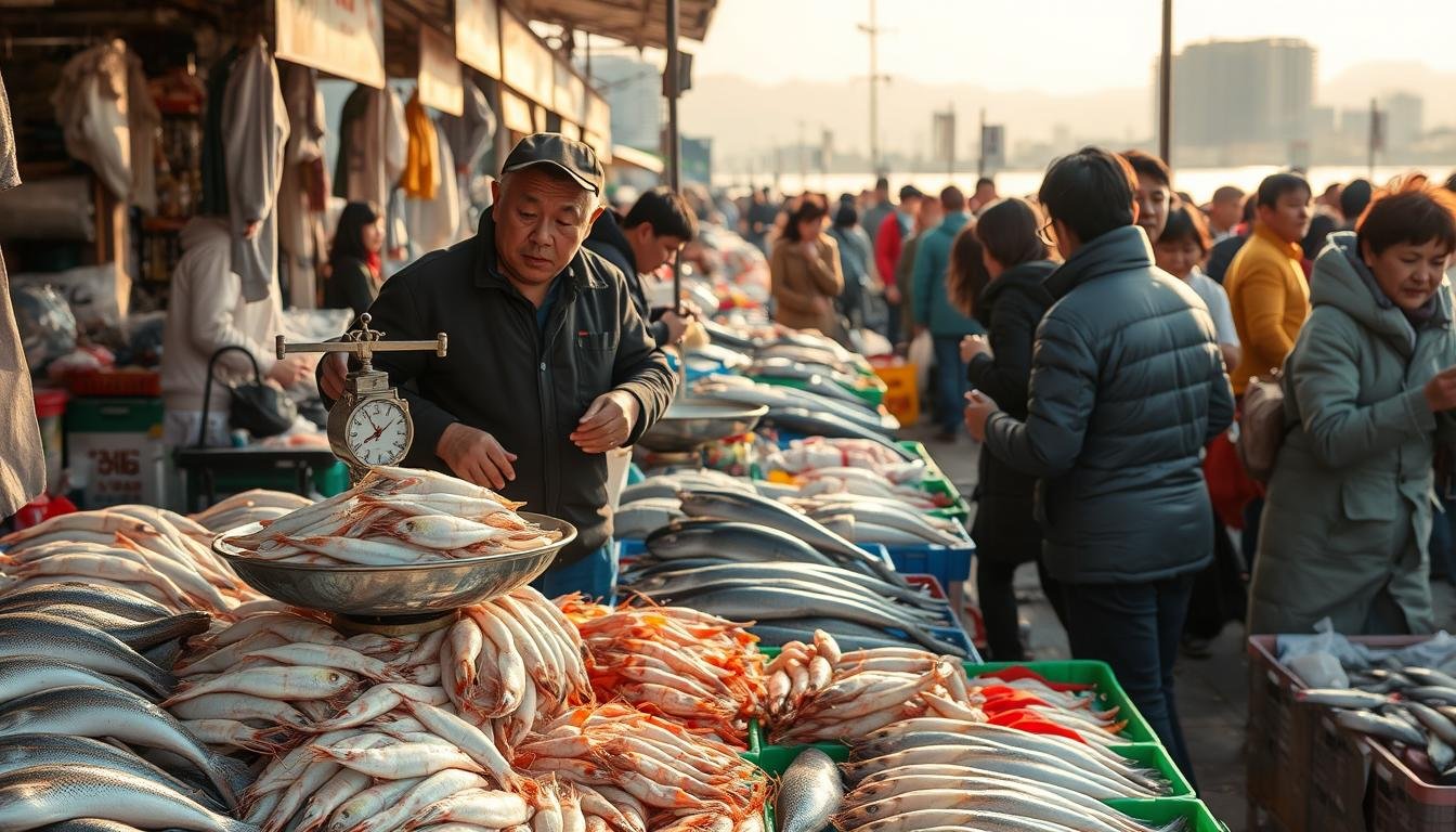 A bustling open-air seafood market in Busan, South Korea. In the foreground, a merchant carefully weighs a pile of fresh catches on a traditional balance scale, scrutinizing the weight with a discerning eye. Around them, shoppers negotiate prices and haggle skillfully, engaging in the lively dance of the marketplace. The middle ground is a colorful mosaic of stalls, brimming with an array of gleaming seafood - glistening squid, plump shrimp, and vibrant fish. In the background, the hazy silhouettes of buildings and the distant horizon create a sense of place, while natural light filters through, casting a warm, inviting glow over the entire scene. The atmosphere is one of bustling activity, where the rhythm of commerce and the exchange of knowledge come together in an iconic Busan seafood market experience. A bustling open-air seafood market in Busan, South Korea. In the foreground, a merchant carefully weighs a pile of fresh catches on a traditional balance scale, scrutinizing the weight with a discerning eye. Around them, shoppers negotiate prices and haggle skillfully, engaging in the lively dance of the marketplace. The middle ground is a colorful mosaic of stalls, brimming with an array of gleaming seafood - glistening squid, plump shrimp, and vibrant fish. In the background, the hazy silhouettes of buildings and the distant horizon create a sense of place, while natural light filters through, casting a warm, inviting glow over the entire scene. The atmosphere is one of bustling activity, where the rhythm of commerce and the exchange of knowledge come together in an iconic Busan seafood market experience.
