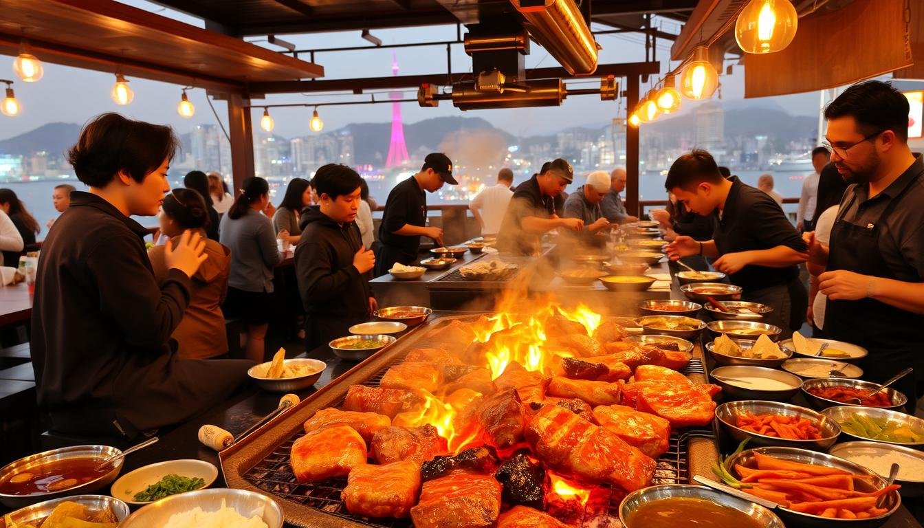 A bustling outdoor Korean barbecue scene in Busan, with sizzling marinated meats grilling over glowing charcoal, surrounded by an array of vibrant banchan side dishes. In the foreground, a group of friends gathered around a low table, engaged in lively conversation as the smoky aroma fills the air. The middle ground features the open kitchen, where skilled chefs masterfully tend to the grill, while the background showcases the lively Busan cityscape, with the iconic Busan Tower visible in the distance. Warm, golden lighting creates a cozy, inviting atmosphere, perfectly capturing the essence of a beloved Busan specialty. A bustling outdoor Korean barbecue scene in Busan, with sizzling marinated meats grilling over glowing charcoal, surrounded by an array of vibrant banchan side dishes. In the foreground, a group of friends gathered around a low table, engaged in lively conversation as the smoky aroma fills the air. The middle ground features the open kitchen, where skilled chefs masterfully tend to the grill, while the background showcases the lively Busan cityscape, with the iconic Busan Tower visible in the distance. Warm, golden lighting creates a cozy, inviting atmosphere, perfectly capturing the essence of a beloved Busan specialty.