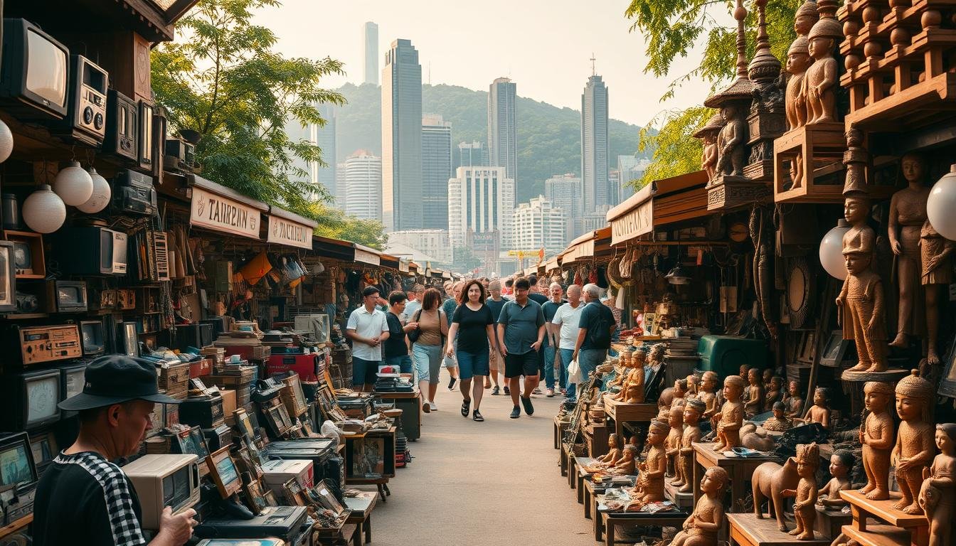 A bustling outdoor flea market in Taipei, Taiwan, with an array of antique and vintage vendors showcasing their wares. In the foreground, a collection of eclectic trinkets, retro electronics, and intricately carved wooden figurines catch the eye. In the middle ground, a mix of local shoppers and curious tourists browse the stalls, haggling and exchanging stories. The background is framed by the city's iconic skyline, with towering skyscrapers and lush greenery creating a vibrant, urban backdrop. Warm, golden light filters through the scene, highlighting the rich textures and colors of the diverse merchandise. An atmosphere of discovery and exploration pervades the market, inviting visitors to uncover hidden gems and connect with the city's rich cultural heritage. A bustling outdoor flea market in Taipei, Taiwan, with an array of antique and vintage vendors showcasing their wares. In the foreground, a collection of eclectic trinkets, retro electronics, and intricately carved wooden figurines catch the eye. In the middle ground, a mix of local shoppers and curious tourists browse the stalls, haggling and exchanging stories. The background is framed by the city's iconic skyline, with towering skyscrapers and lush greenery creating a vibrant, urban backdrop. Warm, golden light filters through the scene, highlighting the rich textures and colors of the diverse merchandise. An atmosphere of discovery and exploration pervades the market, inviting visitors to uncover hidden gems and connect with the city's rich cultural heritage.