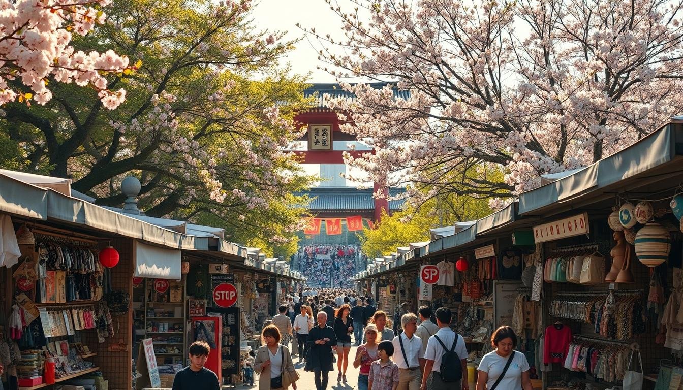 A bustling outdoor flea market set against the serene backdrop of a traditional Shinto shrine in Tokyo's Harajuku district. Vibrant stalls overflow with an eclectic array of vintage treasures, antique trinkets, and handmade crafts. Sunlight filters through the lush cherry blossom trees, casting a warm, golden glow over the scene. In the middle ground, crowds of shoppers leisurely browse the wares, immersed in the lively atmosphere. The shrine's ornate architecture and iconic torii gate stand tall in the distance, framing the market in a quintessential Japanese landscape. An immersive sensory experience that captures the unique character and culture of Tokyo's beloved flea market tradition.