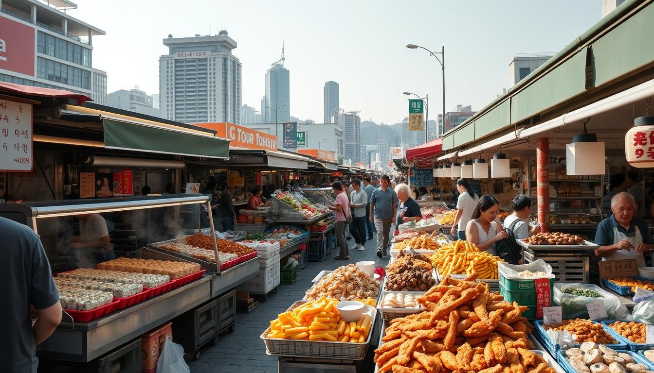 A bustling outdoor food market in Busan, South Korea, with a vibrant display of local delicacies. In the foreground, rows of stalls offer a tantalizing array of savory street foods, from steaming hot kimbap to sizzling Korean fried chicken. The middle ground features vendors selling fresh produce, seafood, and artisanal treats, while the background showcases the city's iconic architecture and bustling pedestrian activity. The scene is bathed in warm, natural lighting, capturing the energy and authenticity of Busan's renowned culinary culture. The overall atmosphere evokes a sense of exploration and discovery, inviting the viewer to immerse themselves in the flavors and traditions of this dynamic, food-centric city. A bustling outdoor food market in Busan, South Korea, with a vibrant display of local delicacies. In the foreground, rows of stalls offer a tantalizing array of savory street foods, from steaming hot kimbap to sizzling Korean fried chicken. The middle ground features vendors selling fresh produce, seafood, and artisanal treats, while the background showcases the city's iconic architecture and bustling pedestrian activity. The scene is bathed in warm, natural lighting, capturing the energy and authenticity of Busan's renowned culinary culture. The overall atmosphere evokes a sense of exploration and discovery, inviting the viewer to immerse themselves in the flavors and traditions of this dynamic, food-centric city.