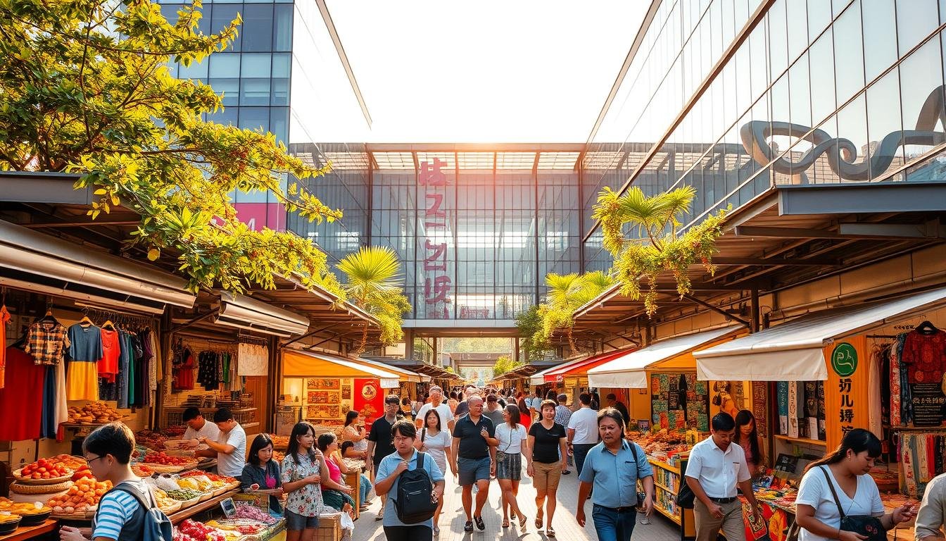A bustling outdoor market in Busan, South Korea, filled with vibrant stalls and lively shoppers. In the foreground, vendors offer an array of local delicacies, handcrafted goods, and traditional textiles. The middle ground showcases a modern, sleek Outlet mall, its glass facade reflecting the energy of the market. Warm, golden sunlight filters through, casting a soft glow over the scene. The atmosphere is one of exploration and discovery, as visitors navigate the diverse offerings, immersed in the sights, sounds, and flavors of Busan's unique shopping experience.