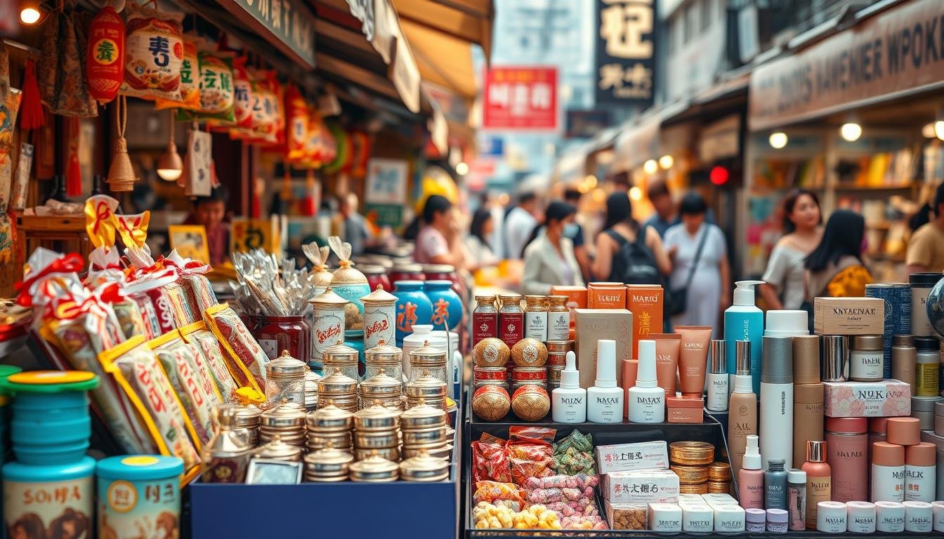 A bustling outdoor market in Busan, South Korea, showcasing an array of iconic local souvenirs and beauty products. In the foreground, a vibrant display of traditional Korean snacks, candies, and tea sets. Middle ground features cosmetic and skincare items, including popular Korean makeup brands and luxury facial serums. The background captures the lively atmosphere, with vendors hawking their wares and shoppers browsing the stalls. Warm, natural lighting illuminates the scene, creating an inviting and authentic ambiance. The overall composition conveys the essence of Busan's renowned shopping experience, highlighting the city's renowned traditional gifts and beauty must-haves.