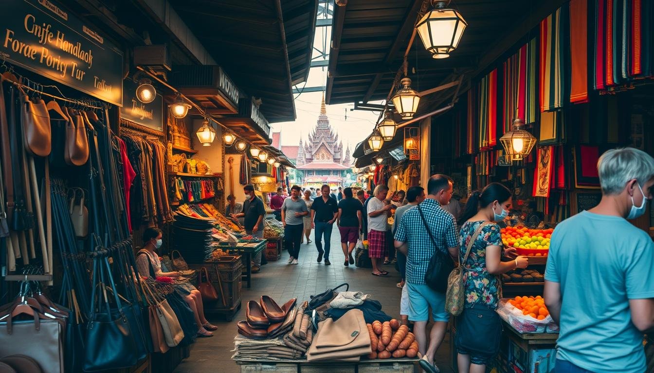 A bustling outdoor market in Chiang Mai, Thailand, with vibrant stalls showcasing an array of local handicrafts, textiles, and fresh produce. Narrow alleyways lined with wooden structures and covered walkways invite visitors to explore the unique wares and immerse themselves in the lively atmosphere. Warm, diffused lighting creates a cozy ambiance, as shoppers bargain with friendly vendors and the aroma of spices and street food permeates the air. In the foreground, a cluster of handmade leather goods, intricate wood carvings, and vibrant hill tribe textiles capture the essence of the region's rich cultural heritage. The middle ground features a bustling scene of shoppers navigating the market, while the background is dotted with the iconic temples and landmarks that make Chiang Mai a beloved destination. A bustling outdoor market in Chiang Mai, Thailand, with vibrant stalls showcasing an array of local handicrafts, textiles, and fresh produce. Narrow alleyways lined with wooden structures and covered walkways invite visitors to explore the unique wares and immerse themselves in the lively atmosphere. Warm, diffused lighting creates a cozy ambiance, as shoppers bargain with friendly vendors and the aroma of spices and street food permeates the air. In the foreground, a cluster of handmade leather goods, intricate wood carvings, and vibrant hill tribe textiles capture the essence of the region's rich cultural heritage. The middle ground features a bustling scene of shoppers navigating the market, while the background is dotted with the iconic temples and landmarks that make Chiang Mai a beloved destination.