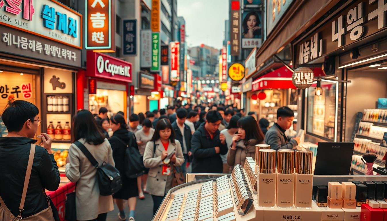 A bustling outdoor market in Seoul's Myeongdong district, with vibrant storefronts and crowds of shoppers browsing through cosmetic and fashion items. In the foreground, a well-lit display of beauty products from the Marina K.C brand, showcasing their popular foundation. The middle ground features shoppers examining and testing the makeup, while the background depicts the iconic architecture and neon signs of the lively shopping district. Warm lighting, a high-angle perspective, and a sense of energy and excitement capture the essence of the Korean shopping experience. A bustling outdoor market in Seoul's Myeongdong district, with vibrant storefronts and crowds of shoppers browsing through cosmetic and fashion items. In the foreground, a well-lit display of beauty products from the Marina K.C brand, showcasing their popular foundation. The middle ground features shoppers examining and testing the makeup, while the background depicts the iconic architecture and neon signs of the lively shopping district. Warm lighting, a high-angle perspective, and a sense of energy and excitement capture the essence of the Korean shopping experience.