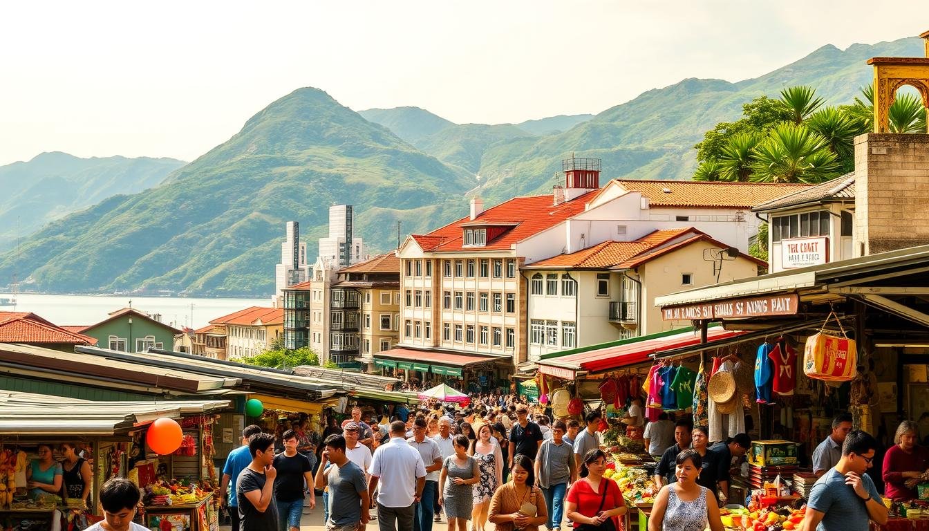 A bustling outdoor market in Stanley, Hong Kong, with a blend of traditional architecture and modern elements. In the foreground, vibrant stalls offer an array of local handicrafts, trinkets, and street food. Shoppers weave through the bustling crowd, adding to the lively atmosphere. The middle ground showcases the iconic Stanley Market buildings, their red-tiled roofs and colonial-era façades standing as a testament to the area's rich history. In the background, the towering green mountains and the sparkling waters of Stanley Bay create a picturesque setting, bathed in warm, golden sunlight. The scene evokes a sense of cultural exploration and community spirit, inviting visitors to immerse themselves in the unique character of this historic Hong Kong district. A bustling outdoor market in Stanley, Hong Kong, with a blend of traditional architecture and modern elements. In the foreground, vibrant stalls offer an array of local handicrafts, trinkets, and street food. Shoppers weave through the bustling crowd, adding to the lively atmosphere. The middle ground showcases the iconic Stanley Market buildings, their red-tiled roofs and colonial-era façades standing as a testament to the area's rich history. In the background, the towering green mountains and the sparkling waters of Stanley Bay create a picturesque setting, bathed in warm, golden sunlight. The scene evokes a sense of cultural exploration and community spirit, inviting visitors to immerse themselves in the unique character of this historic Hong Kong district.
