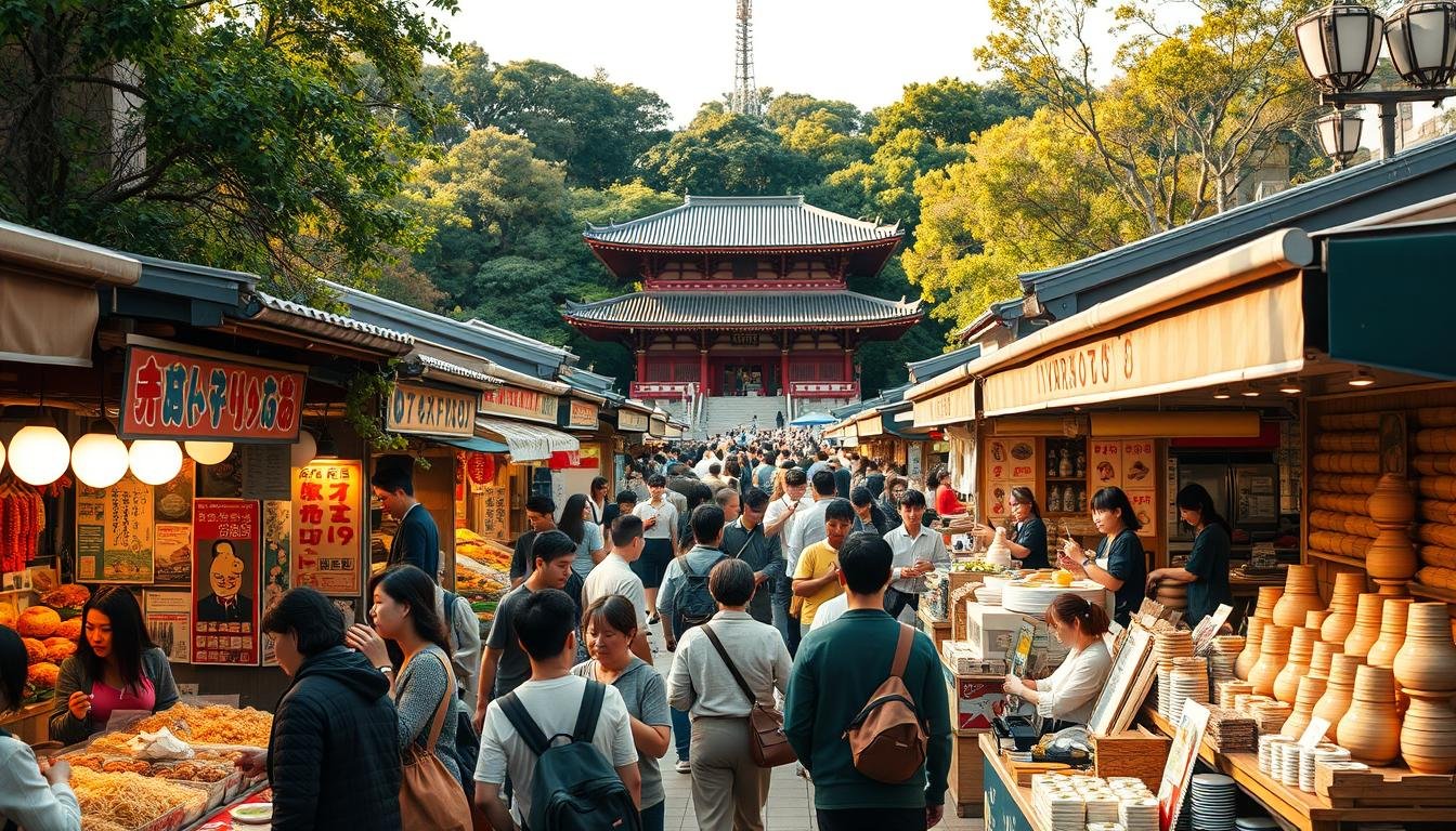 A bustling outdoor market in Tokyo, featuring a diverse array of traditional Japanese street food stalls and artisanal craft vendors. In the foreground, vibrant food displays and cheerful locals enjoying steaming yakisoba, takoyaki, and colorful desserts. The middle ground showcases artisan workshops where skilled craftspeople demonstrate their techniques, from pottery throwing to paper cutting. In the background, lush greenery and serene temple structures provide a peaceful contrast, creating a harmonious blend of urban energy and cultural tranquility. Warm, natural lighting casts a golden glow across the scene, evoking a sense of timeless tradition and authentic Japanese hospitality. A bustling outdoor market in Tokyo, featuring a diverse array of traditional Japanese street food stalls and artisanal craft vendors. In the foreground, vibrant food displays and cheerful locals enjoying steaming yakisoba, takoyaki, and colorful desserts. The middle ground showcases artisan workshops where skilled craftspeople demonstrate their techniques, from pottery throwing to paper cutting. In the background, lush greenery and serene temple structures provide a peaceful contrast, creating a harmonious blend of urban energy and cultural tranquility. Warm, natural lighting casts a golden glow across the scene, evoking a sense of timeless tradition and authentic Japanese hospitality.