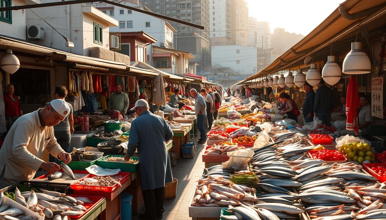 A bustling outdoor market in a coastal city, the stalls overflowing with fresh seafood and local produce. The sun casts a warm glow, illuminating the vibrant colors and textures of the wares. In the foreground, fishmongers skillfully clean and prepare their catches, adhering to strict food safety protocols. The middle ground reveals well-organized stalls, with vendors tending to their goods and interacting with customers. In the background, a mix of traditional and modern architecture frames the scene, conveying a sense of the market's deep-rooted history. The overall atmosphere is one of lively commerce, community, and a commitment to maintaining high standards of hygiene and food quality. A bustling outdoor market in a coastal city, the stalls overflowing with fresh seafood and local produce. The sun casts a warm glow, illuminating the vibrant colors and textures of the wares. In the foreground, fishmongers skillfully clean and prepare their catches, adhering to strict food safety protocols. The middle ground reveals well-organized stalls, with vendors tending to their goods and interacting with customers. In the background, a mix of traditional and modern architecture frames the scene, conveying a sense of the market's deep-rooted history. The overall atmosphere is one of lively commerce, community, and a commitment to maintaining high standards of hygiene and food quality.